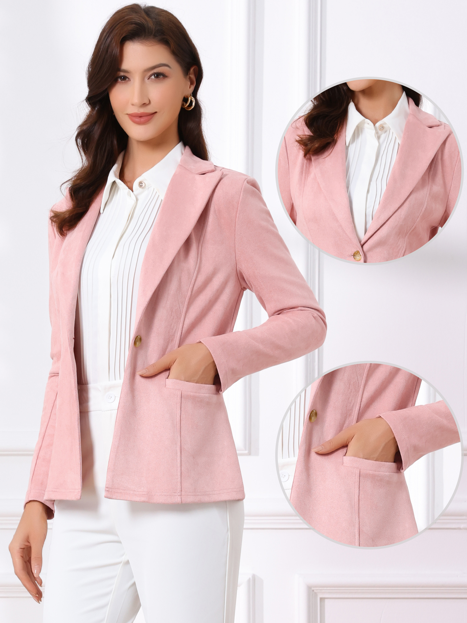 Faux Suede Lapel Collar Long Sleeve Casual Work Office Jacket Pink/L