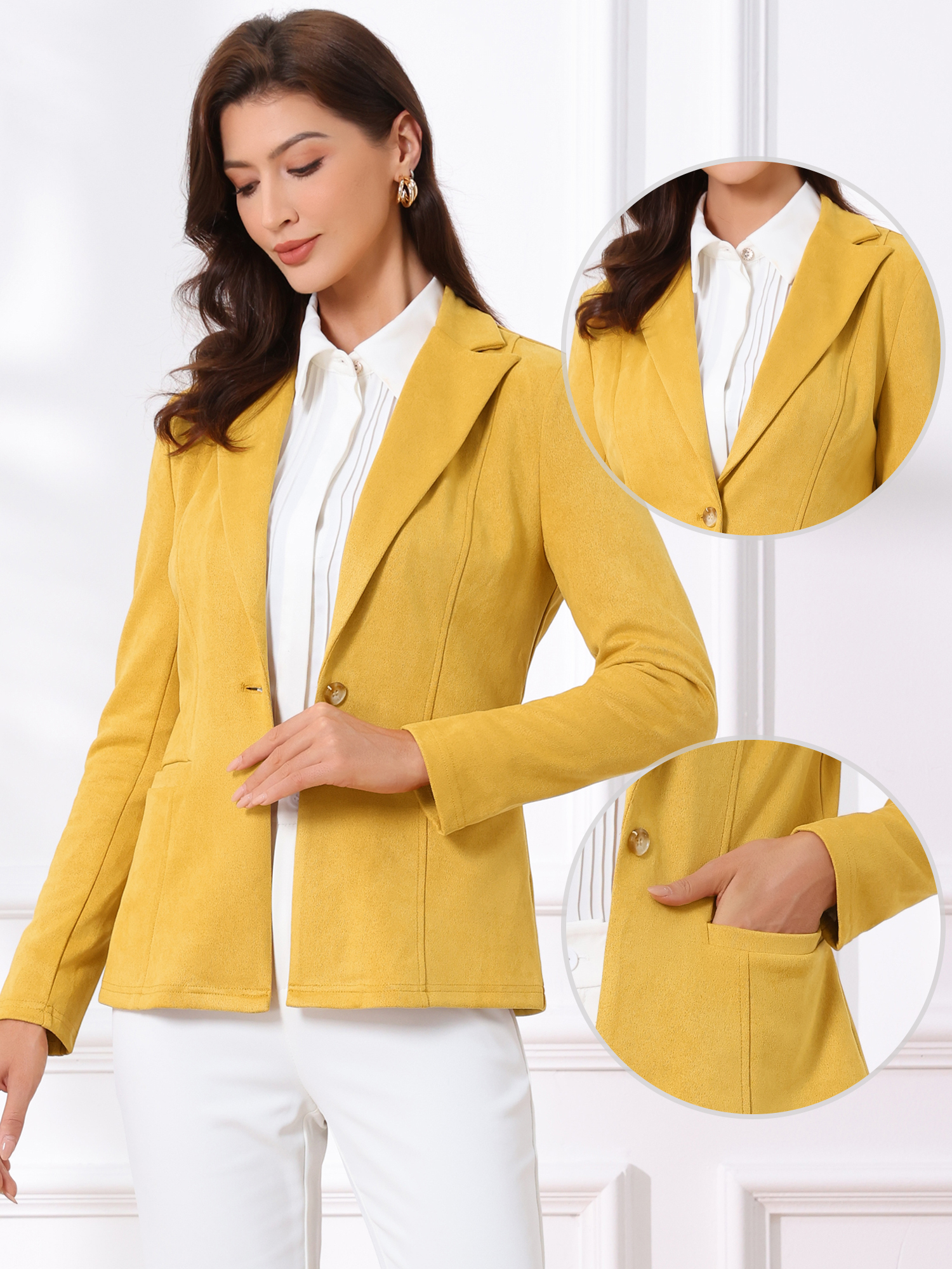 Faux Suede Lapel Collar Long Sleeve Casual Work Office Jacket Yellow/M