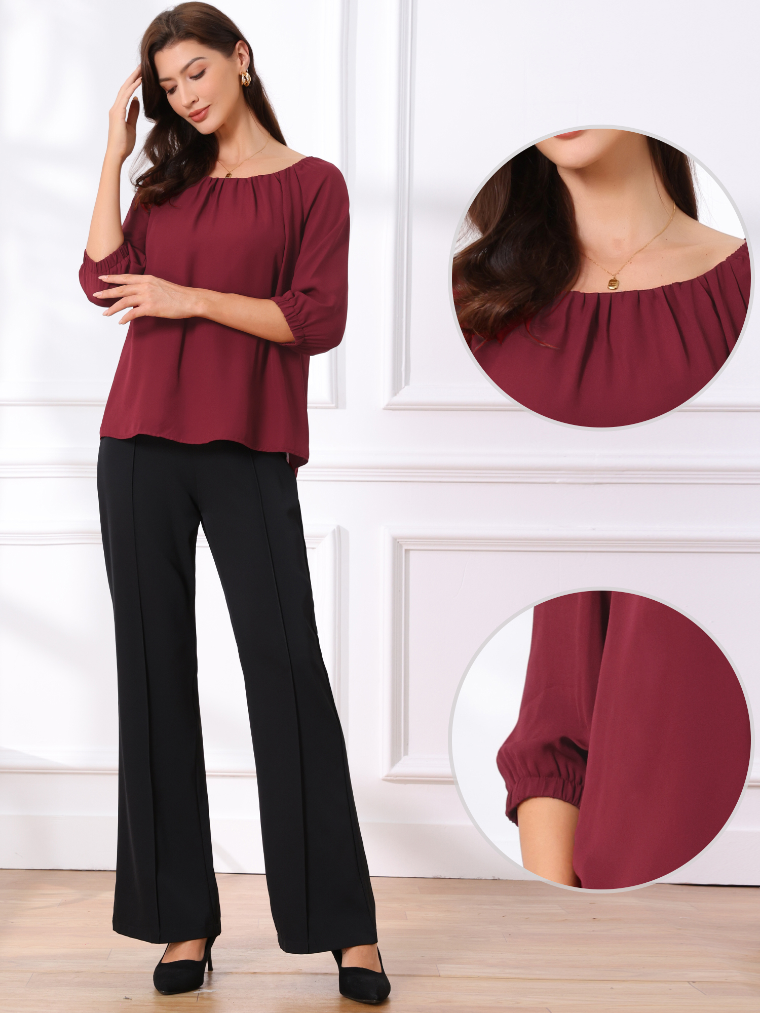 3/4 Sleeve Round Neck Ruched Work Blouse Wine Red/XS