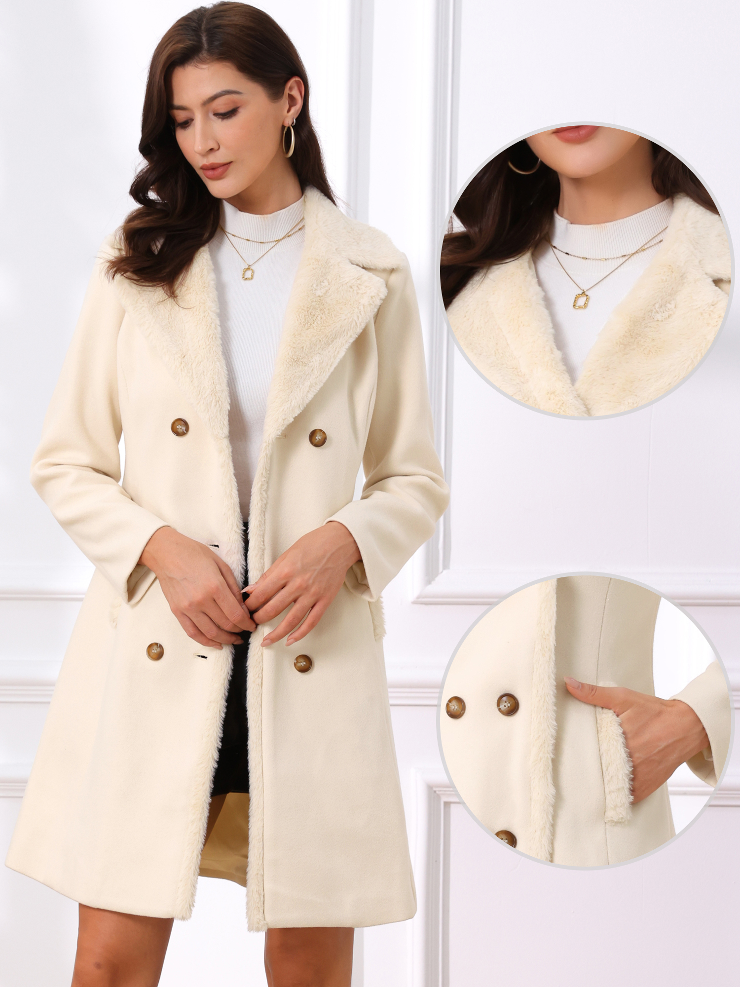 Faux Fur Lapel Double-Breasted Winter Warm Pea Coats Beige/L