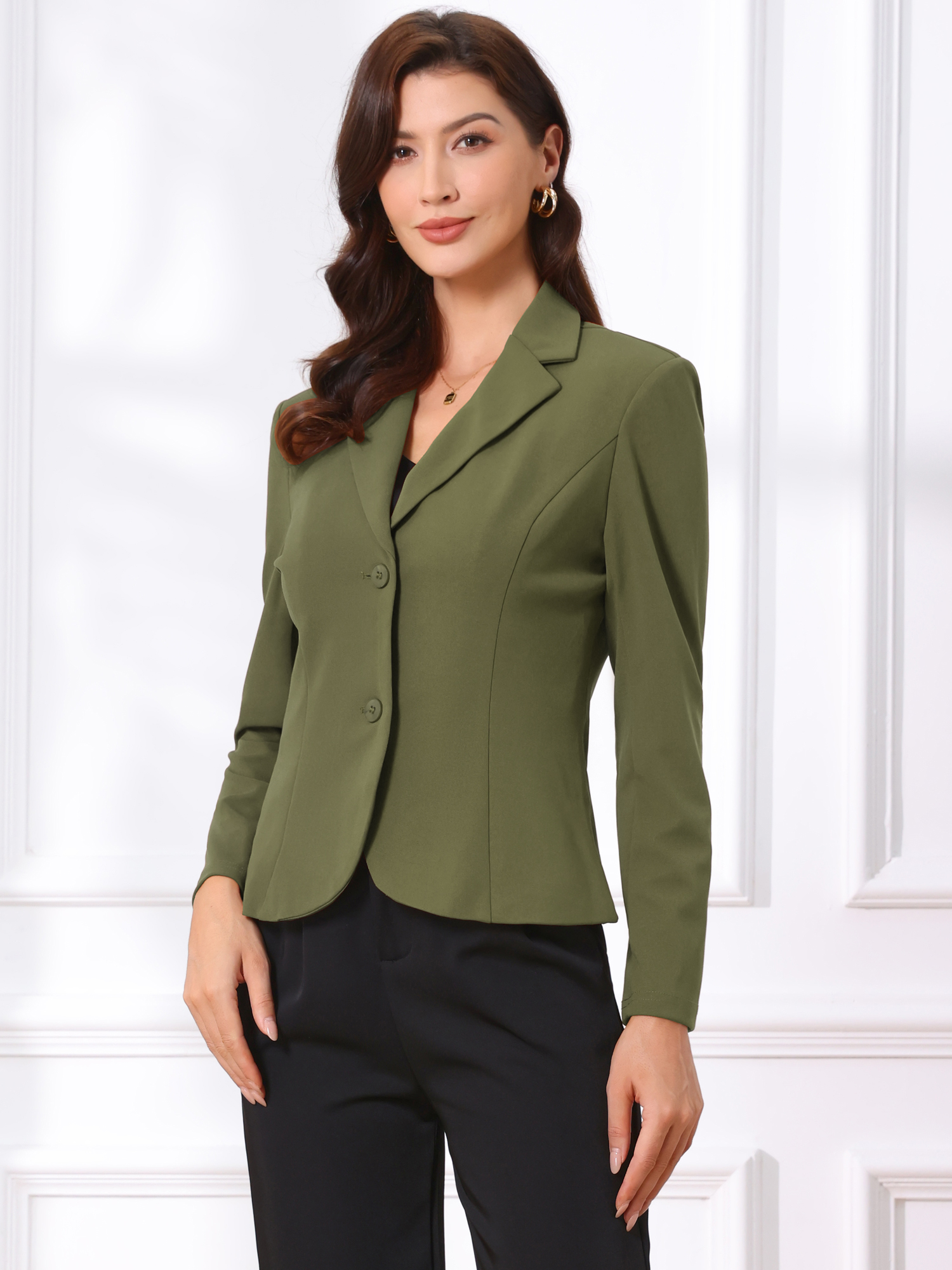 Stretch Notched Lapel Collar Work Office Jacket Blazer Army Green-1/XS