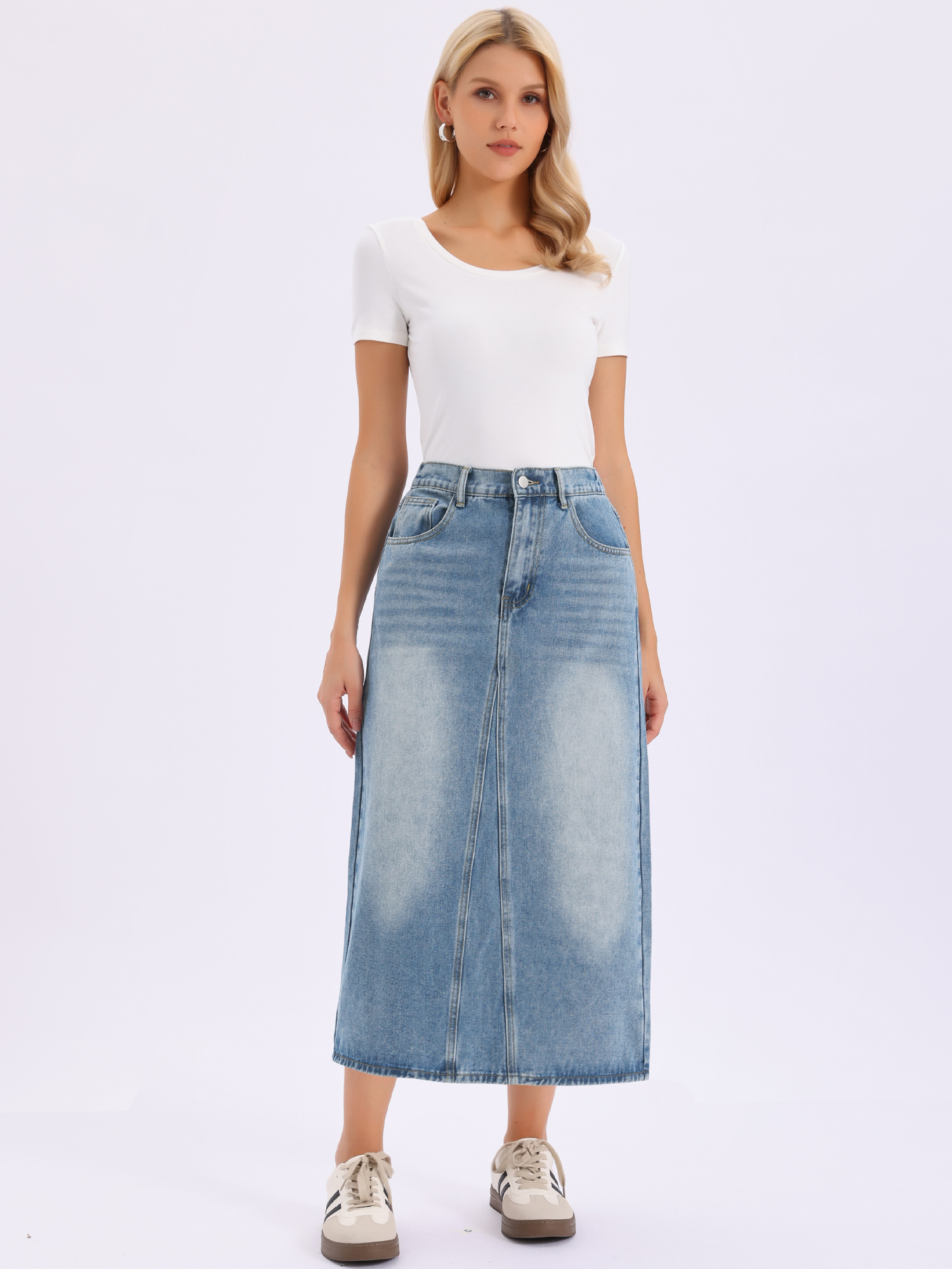 Denim Elasticated Waist Washed A-Line Long Jean Skirt Blue/XS