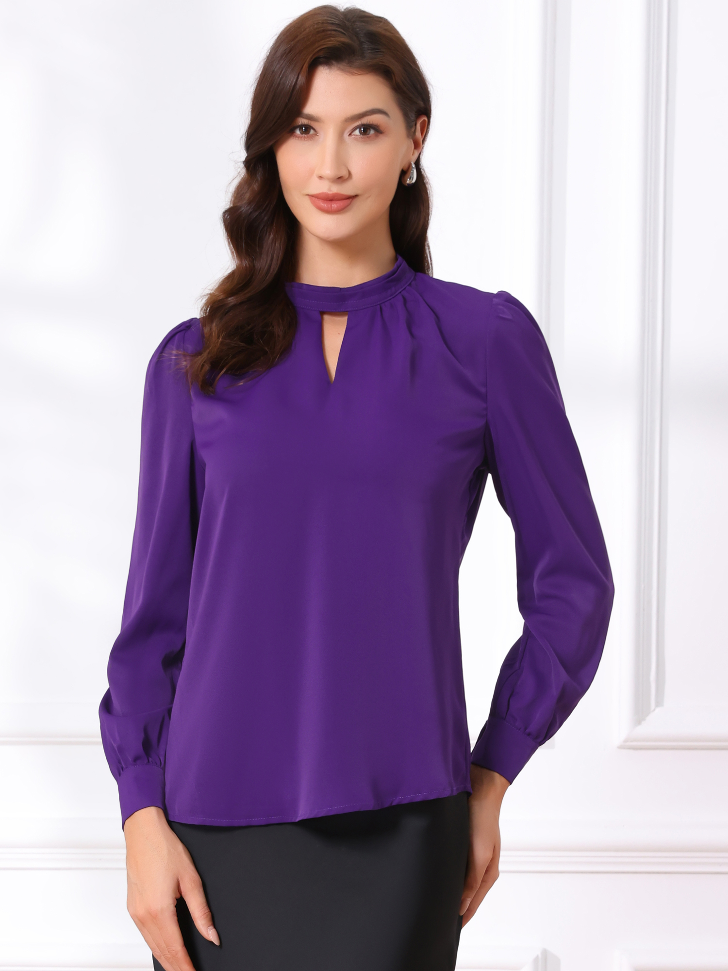 Keyhole Elegant Stand Collar Long Sleeve Chiffon Office Blouse Dark Purple/XS