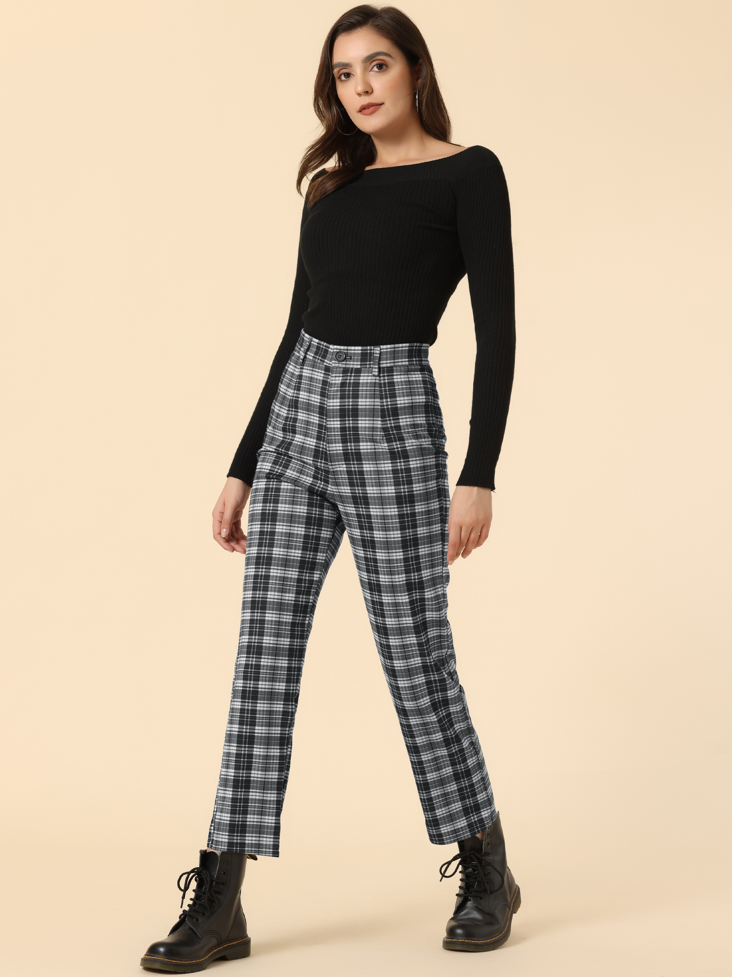Plaid Cropped Trousers Button Casual Tartan Check Work Pants Black White/2XL