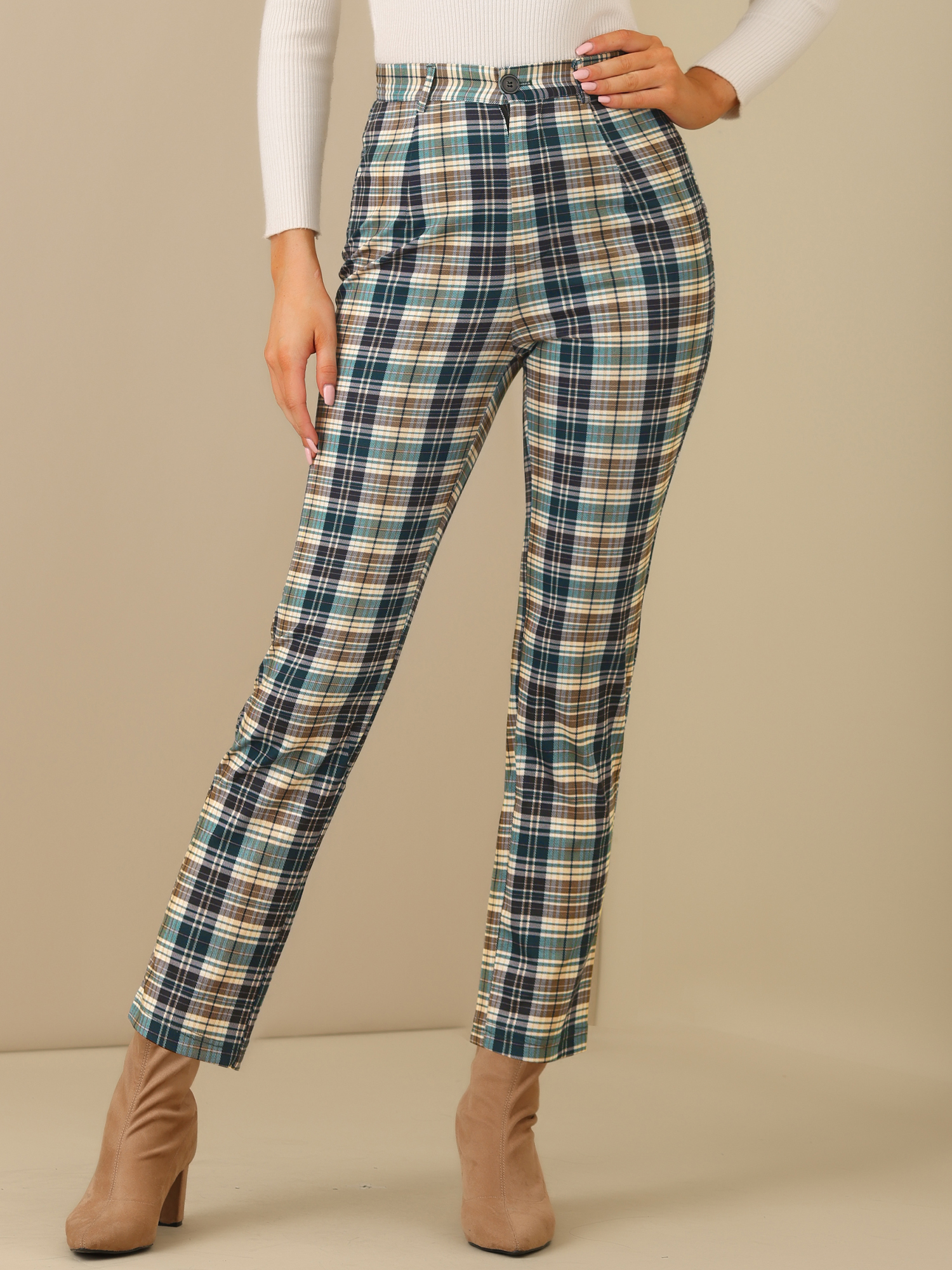 Plaid Cropped Trousers Button Casual Tartan Check Work Pants Green/3XL