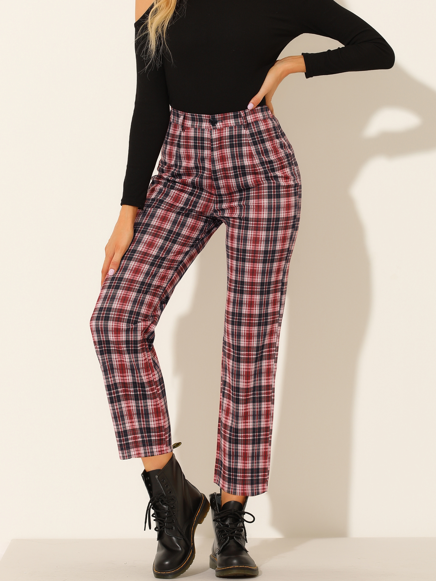 Plaid Cropped Trousers Button Casual Tartan Check Work Pants Red/2XL