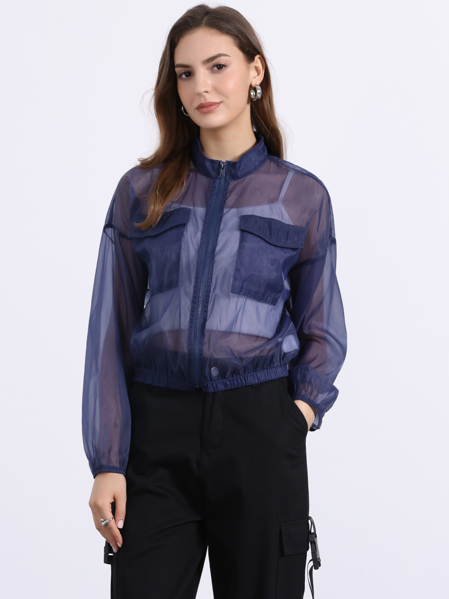 Sheer Zip Up Long Sleeve See Through Bomber Jacket Dark Blue/XS