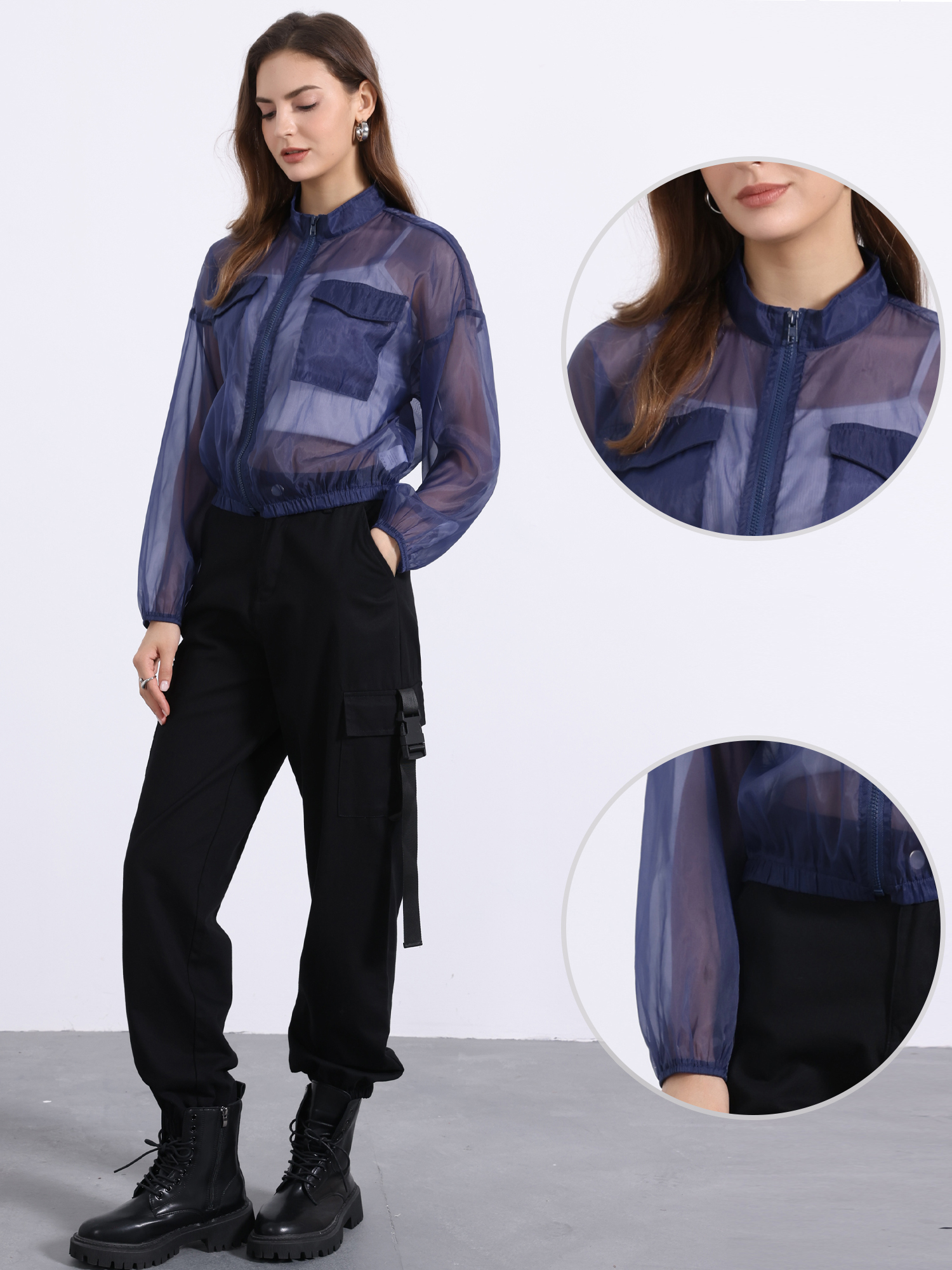 Sheer Zip Up Long Sleeve See Through Bomber Jacket Dark Blue/L