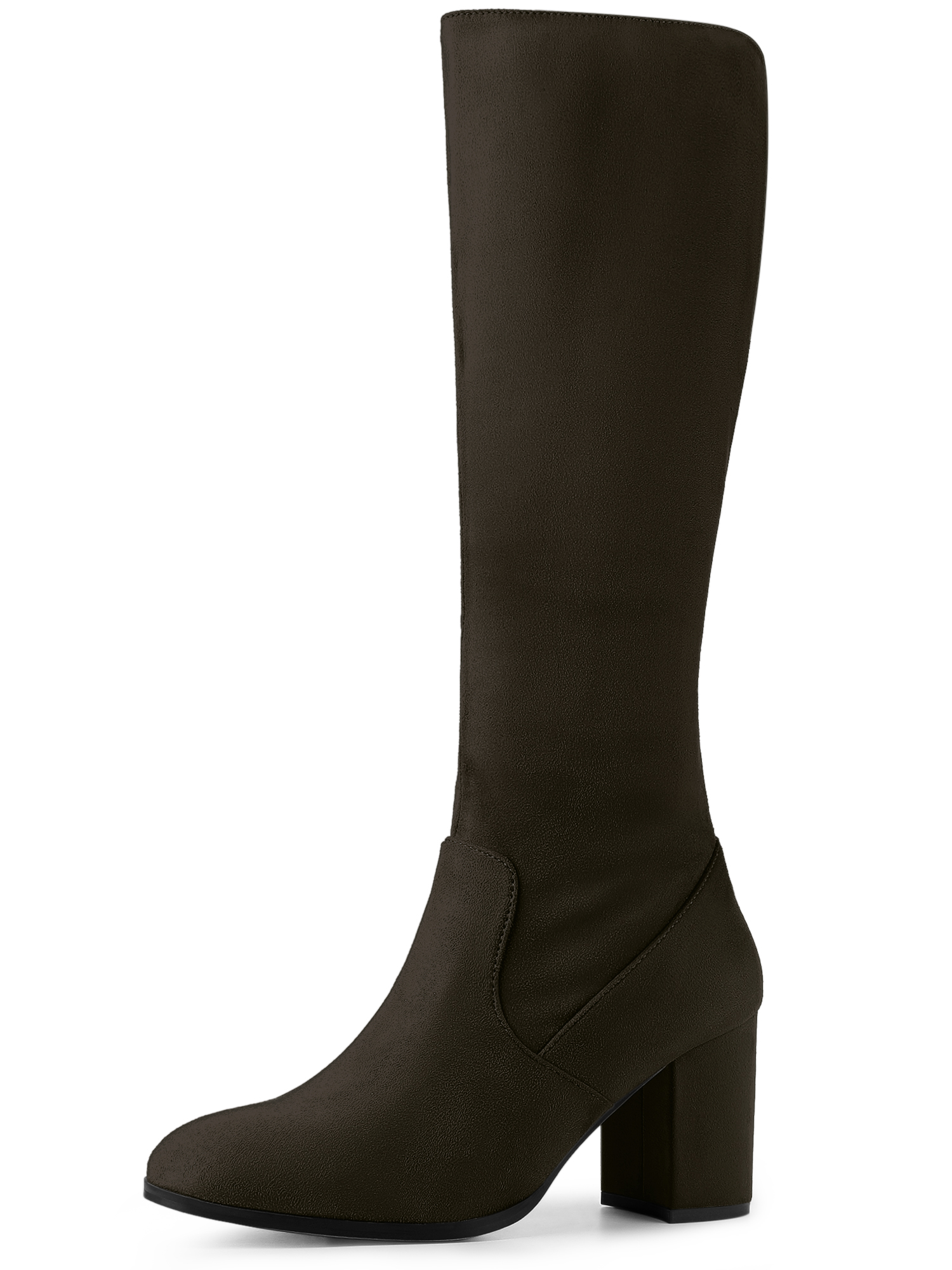 Faux Suede Side Zipper Chunky Heel Knee High Boots Dark Coffee/7