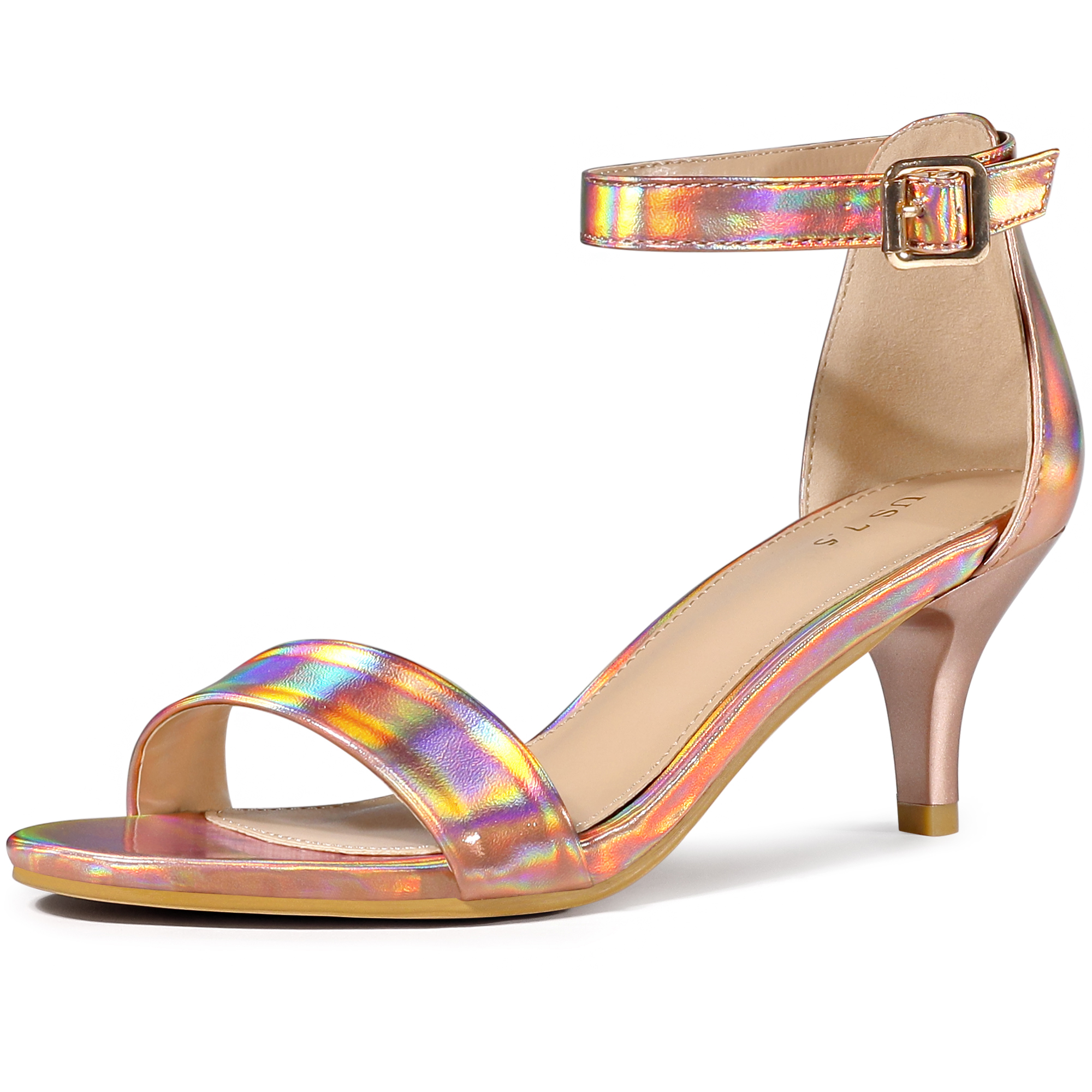 Faux Leather Open Toe Ankle Strap Kitten Heel Sandals Rose Gold/9