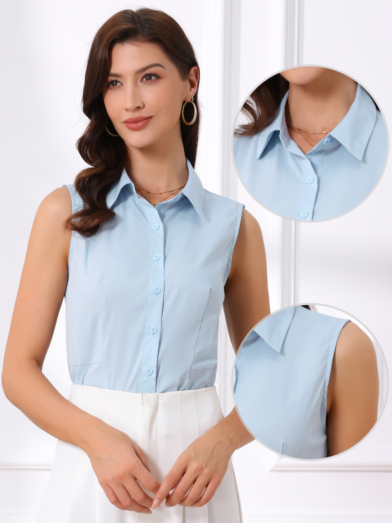 Sleeveless Collared Business Work Button Down Leotard Shirt Bodysuit Light Blue/M