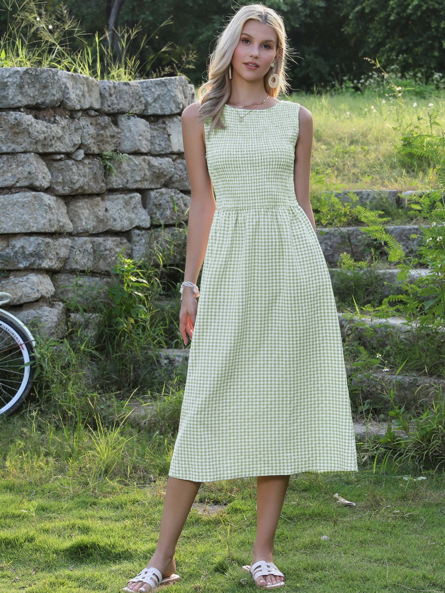 Gingham Smocked Sleeveless Crew Neck A-Line Dress with Pockets Light Green/XL