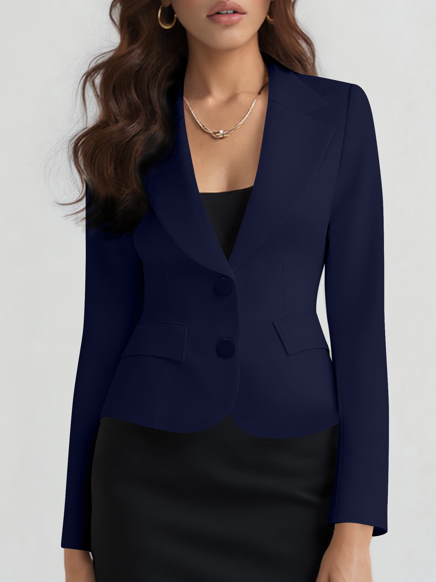 Slim Fit Blazer with Notched Lapel - Tailored Long Sleeve Workwear Jacket Navy/L