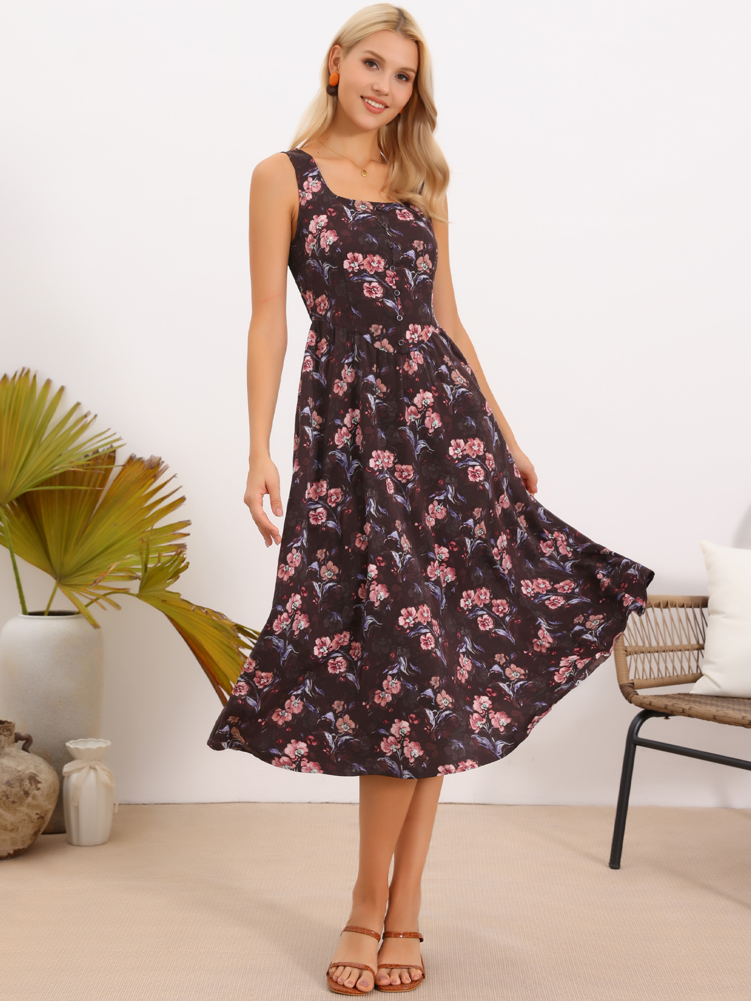 Square Neck Pockets Sleeveless Floral Midi Dress Brown Red Floral/XL