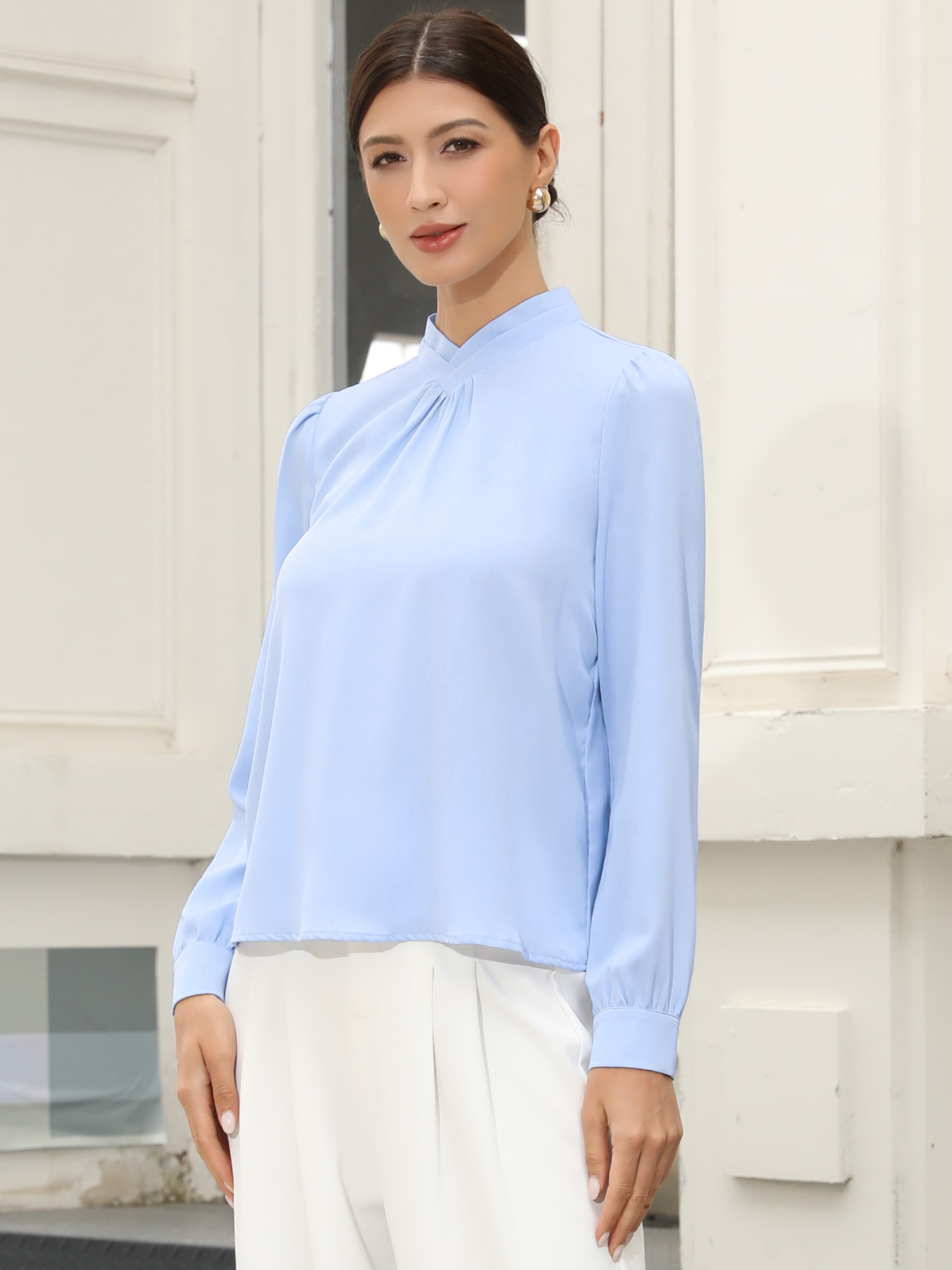 Work Business Casual Pleat Mock Neck Puff Long Sleeve Office Blouse Light Blue/L