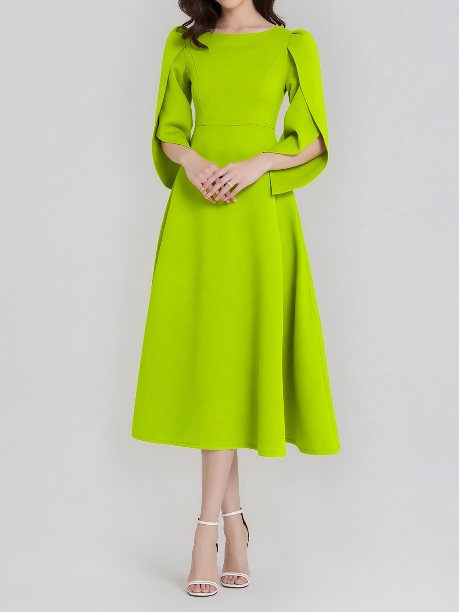 Round Neck Puff 3/4 Sleeves A-Line Midi Dress Fruit Green/2XL