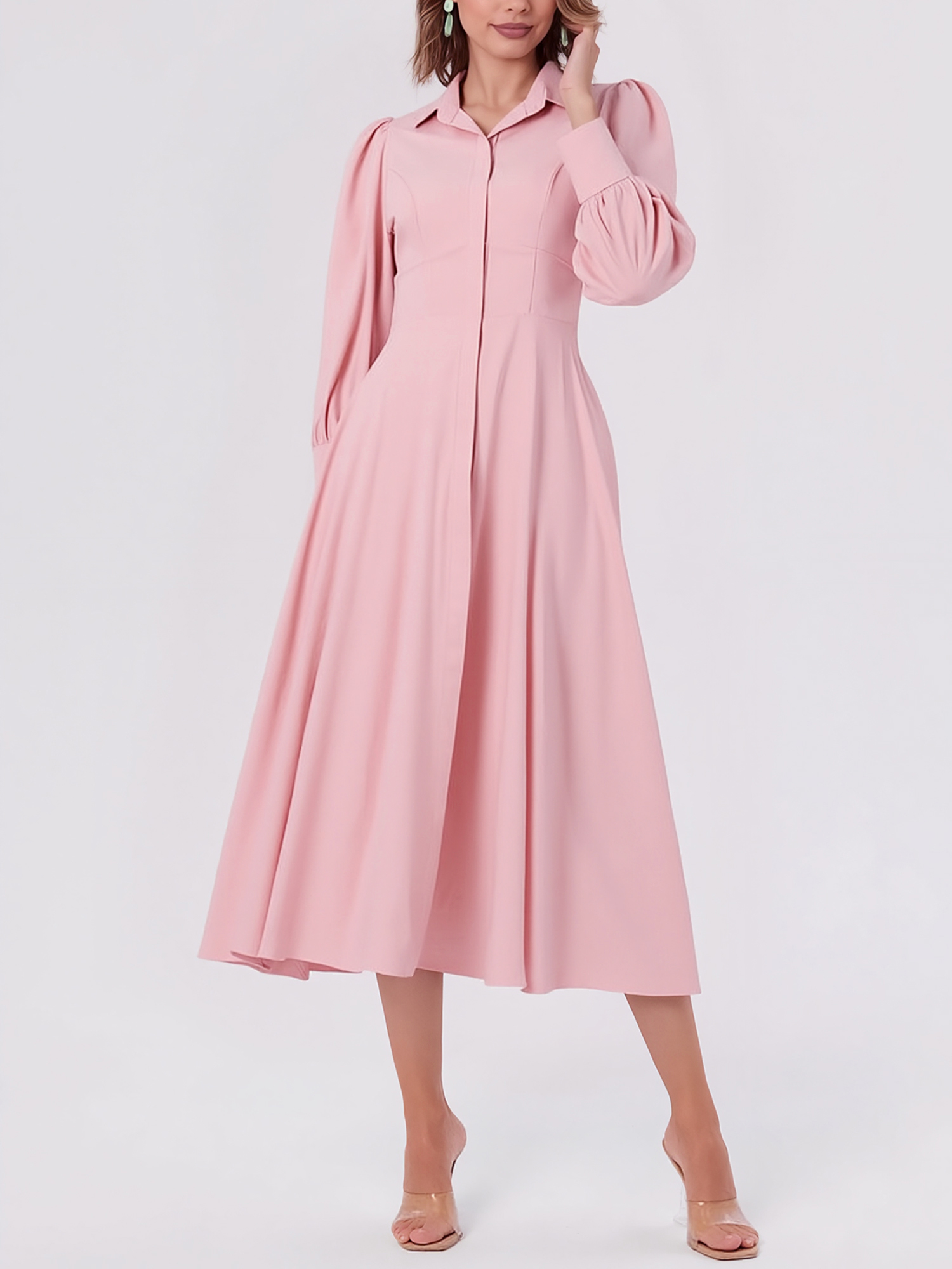 Solid Color Puff Long Sleeves Midi A-Line Shirt Dress Light pink/2XL