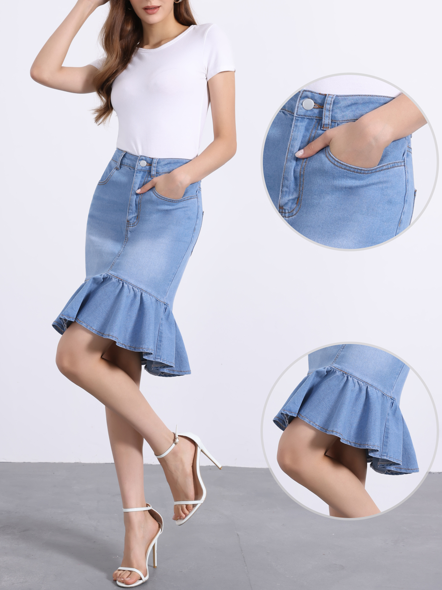 Denim Ruffled Pocketed Bodycon Fishtails Jean Skirt Sky Blue/S