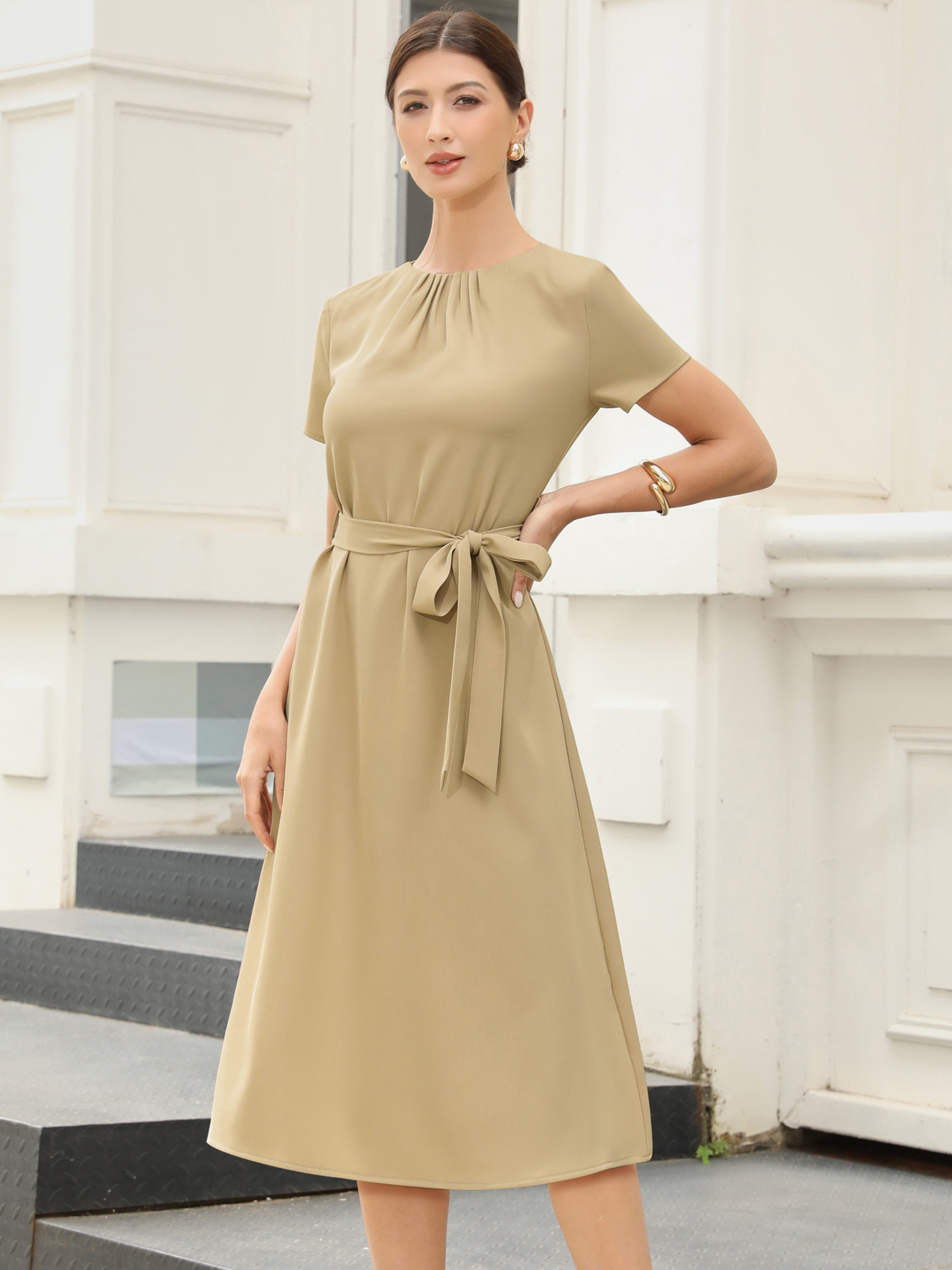 Work Casual Short Sleeve Ruched Crew Neck A-Line Belted Dress Khaki/S