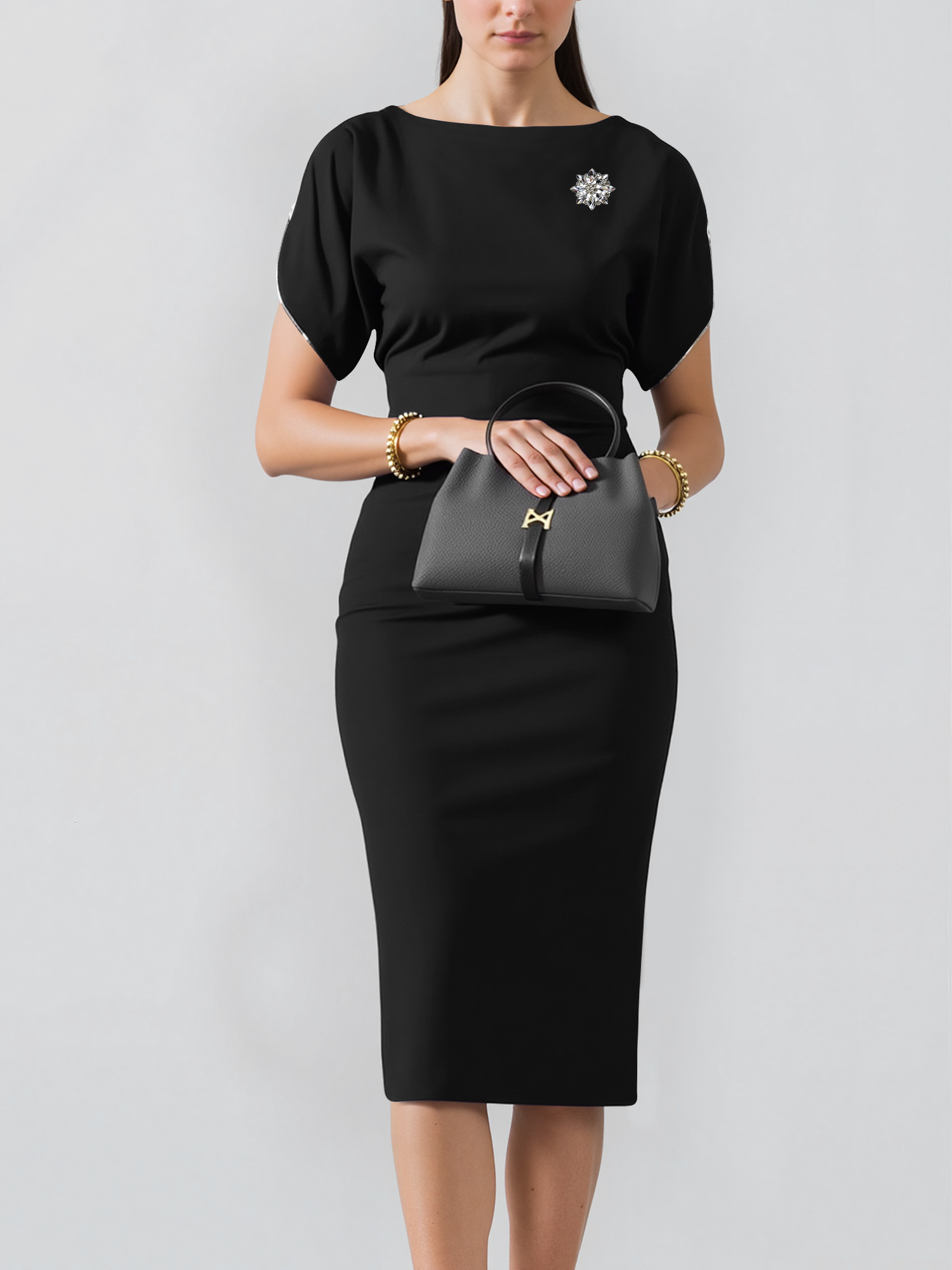 Zipper Short Sleeves Slit Midi Sheath Dress Black/XS