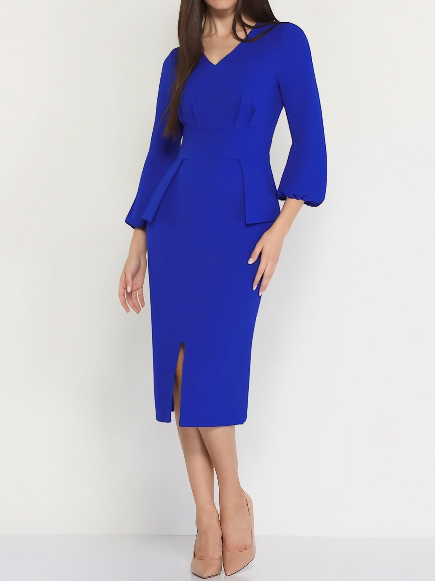 V Neck Puff Sleeve Slit Office Midi Sheath Dress Royal Blue/S