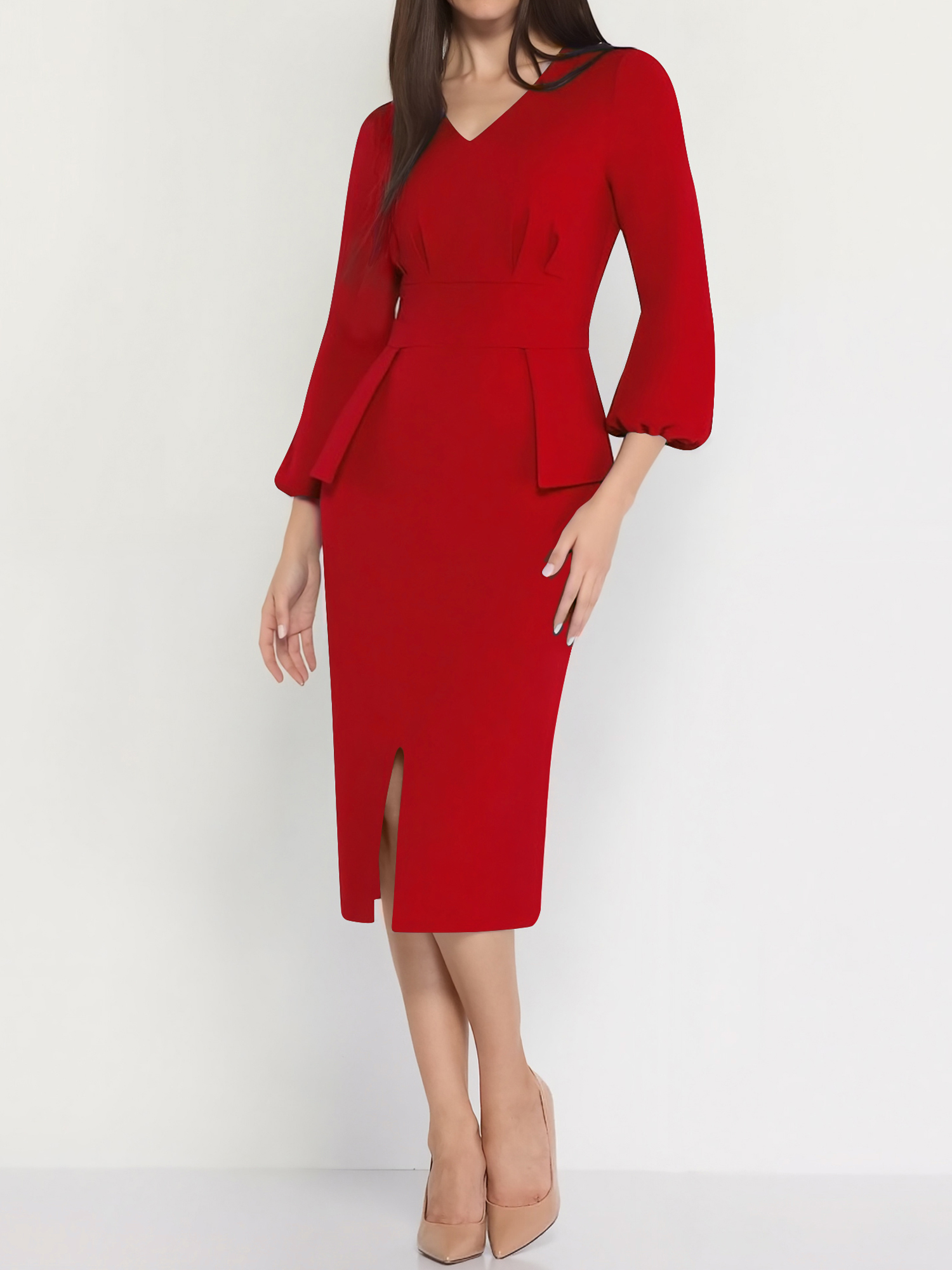 V Neck Puff Sleeve Slit Office Midi Sheath Dress Red/L