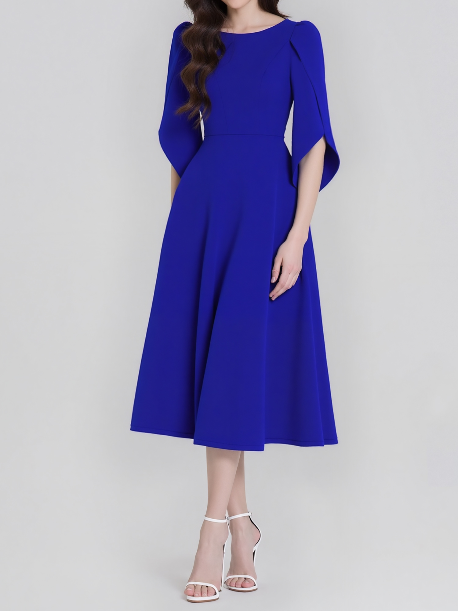 Round Neck Puff 3/4 Sleeves A-Line Midi Dress Royal Blue/XS