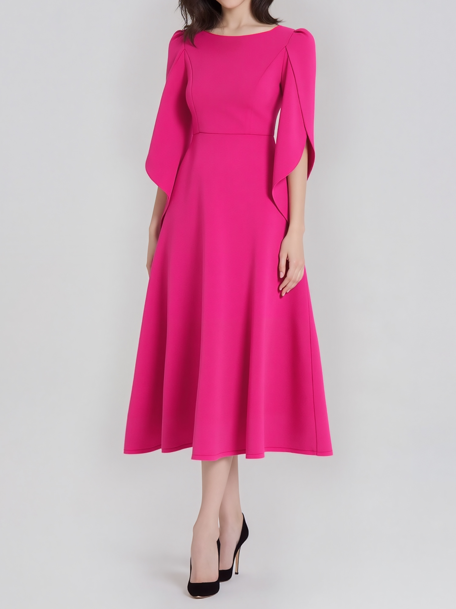 Round Neck Puff 3/4 Sleeves A-Line Midi Dress Hot Pink/XS
