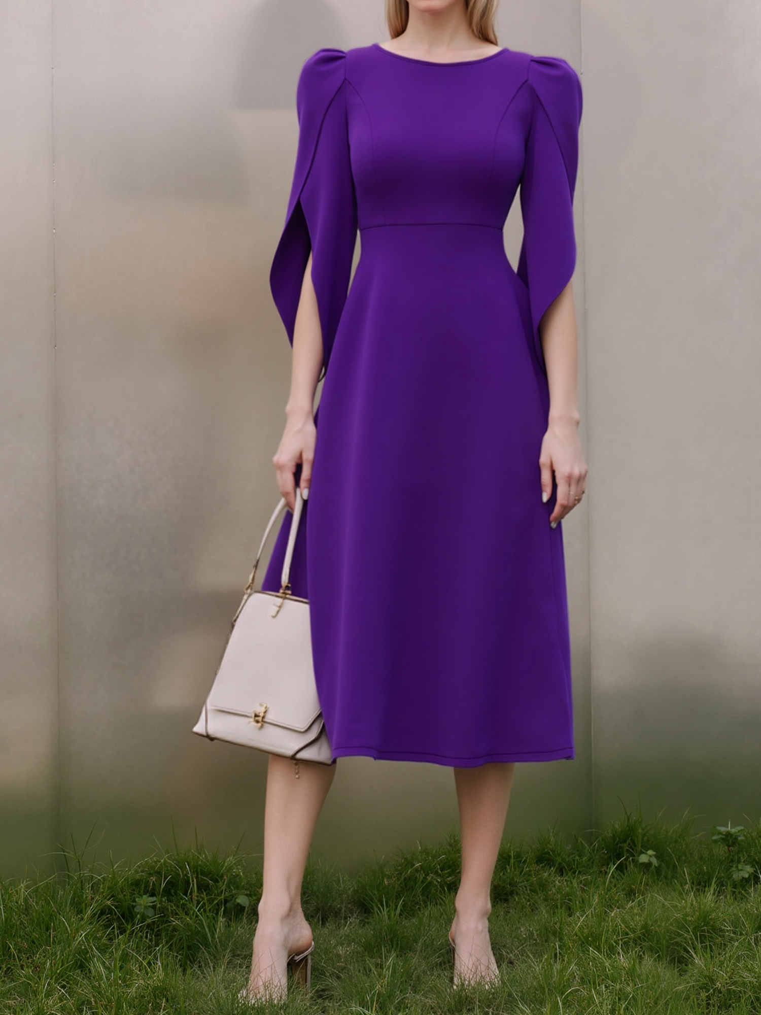 Round Neck Puff 3/4 Sleeves A-Line Midi Dress Purple/XL