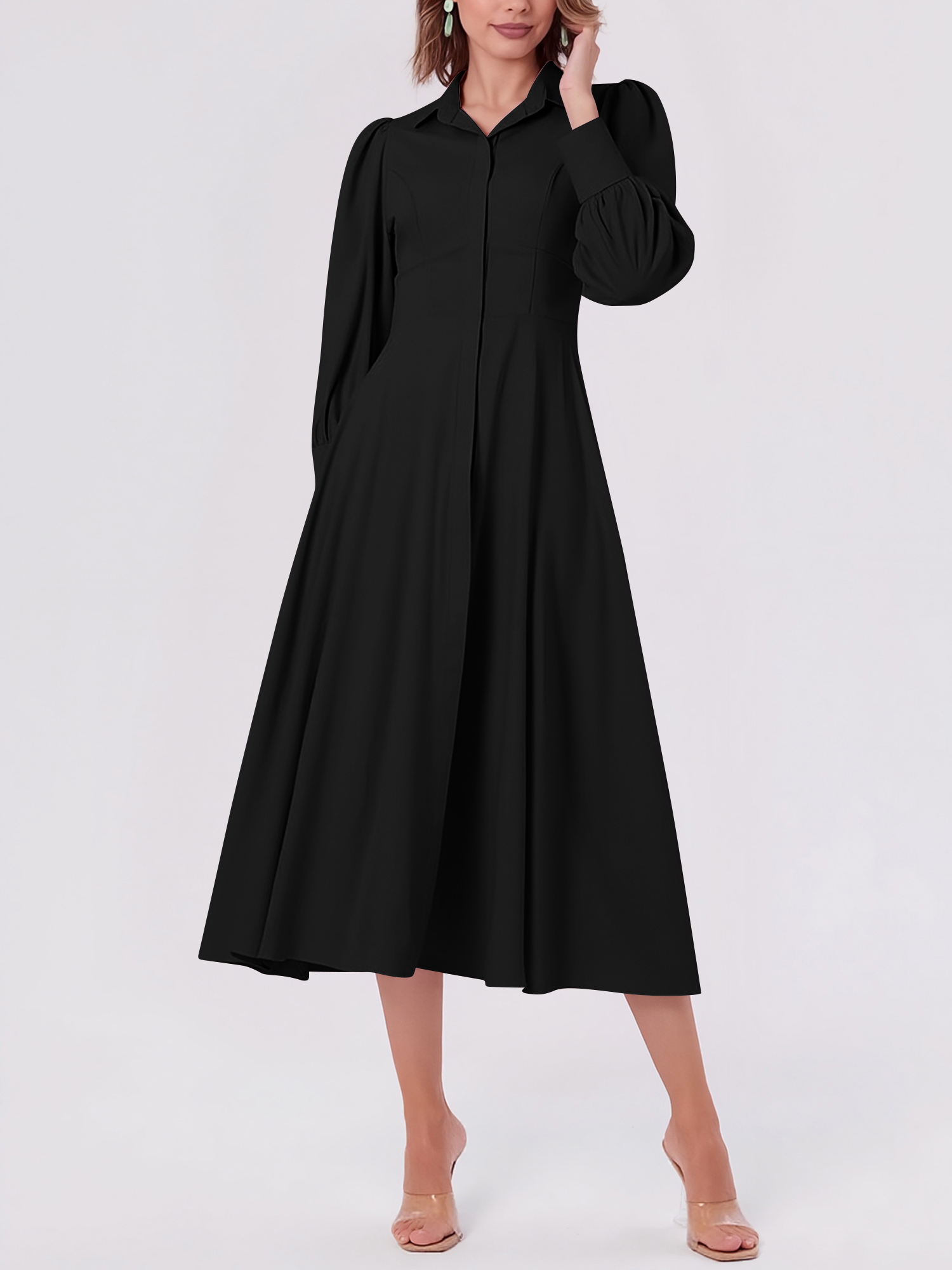 Solid Color Puff Long Sleeves Midi A-Line Shirt Dress Black/XS