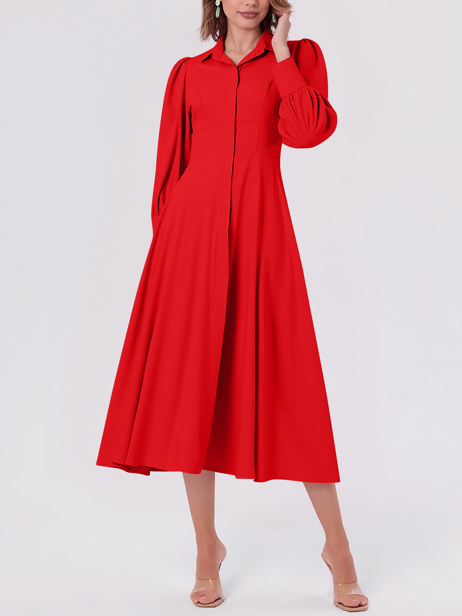 Solid Color Puff Long Sleeves Midi A-Line Shirt Dress Red/M