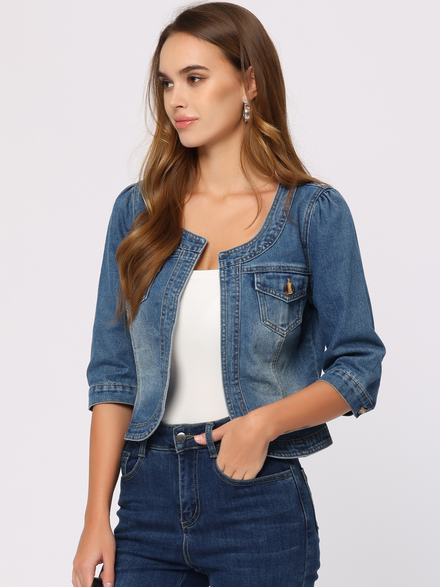 Collarless Pockets 3/4 Sleeve Feminine Style Denim Jacket Blue/3XL