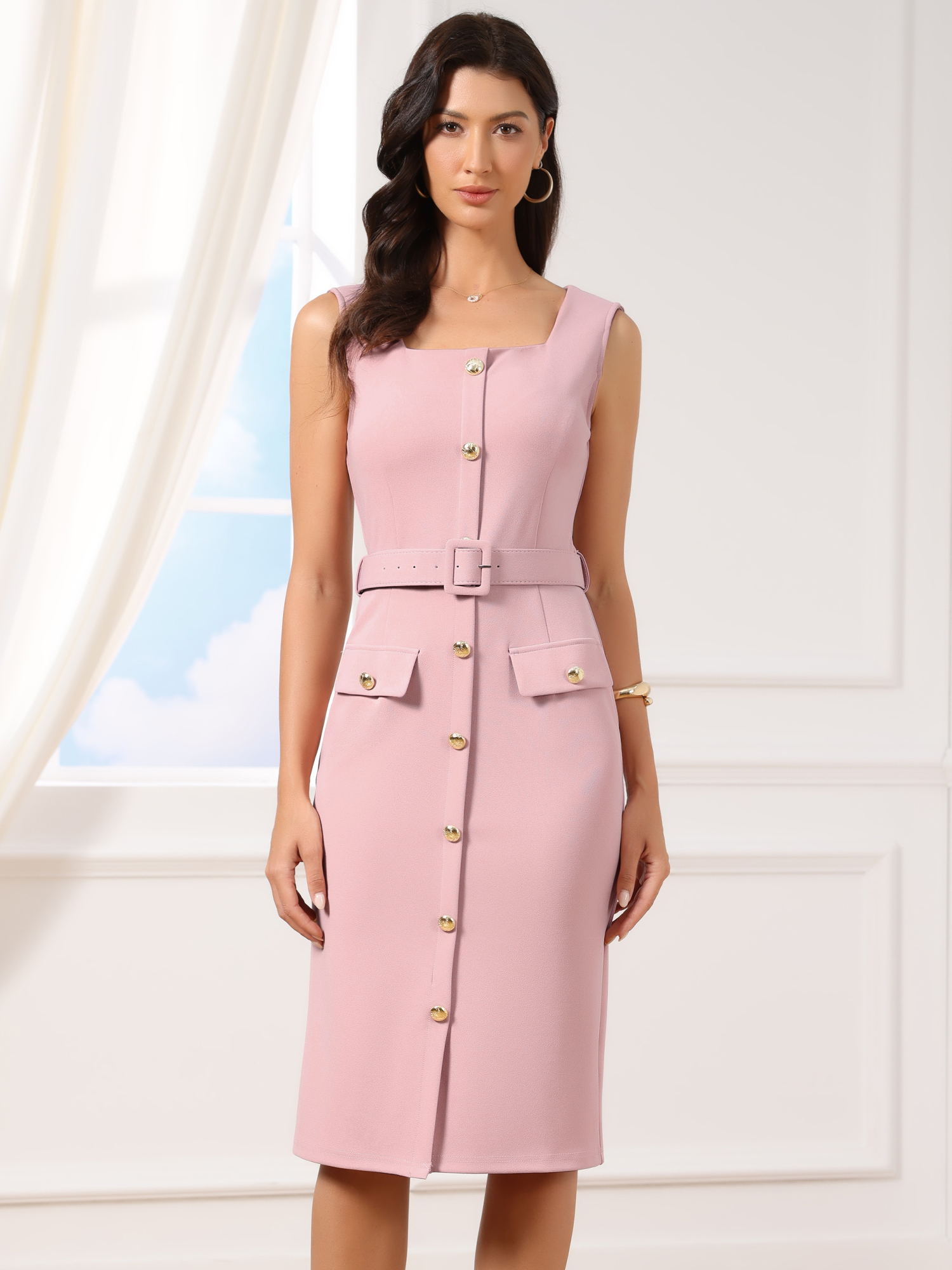 Sleeveless Square Neck Formal Belted Midi Work Dress Pink/XL