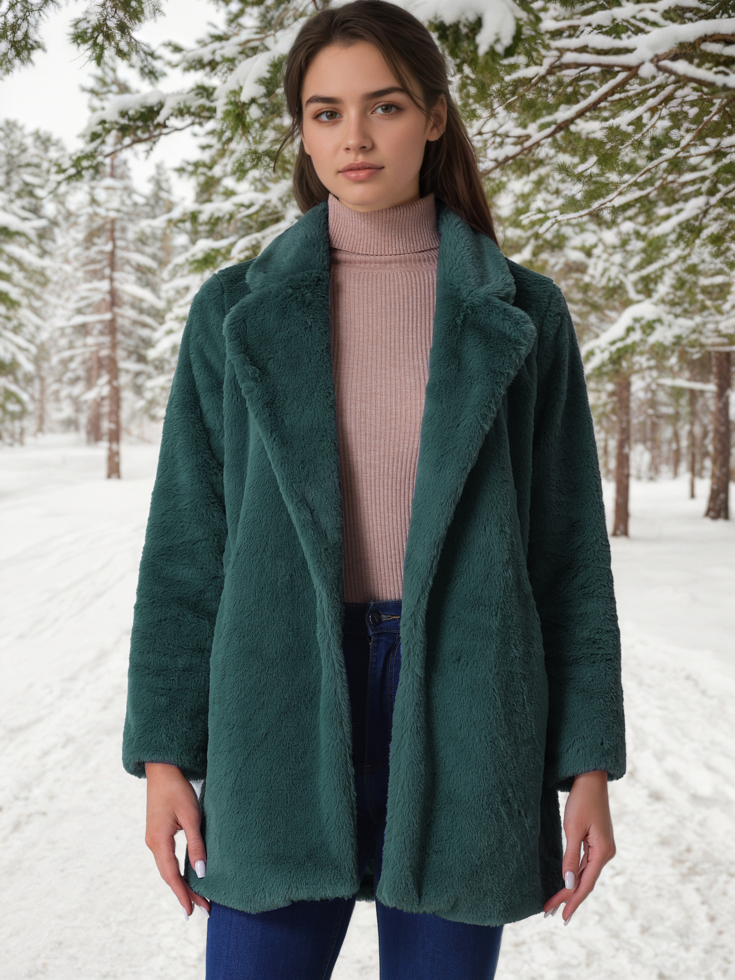 Lapel Collar Faux Fur Fuzzy Winter Warm Pockets Coat Dark Green/L