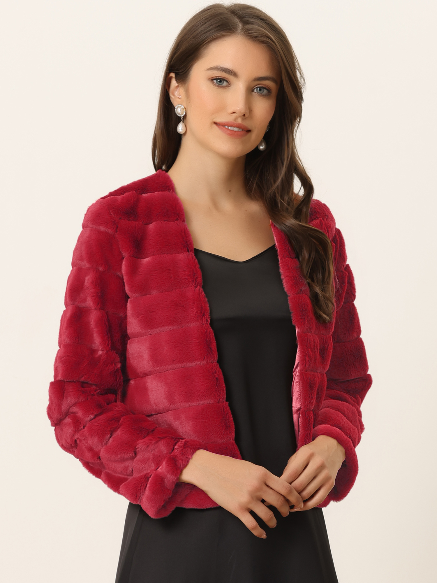 Winter Warm Cropped Collarless Faux Fur Fluffy Jacket Wind Red/XS