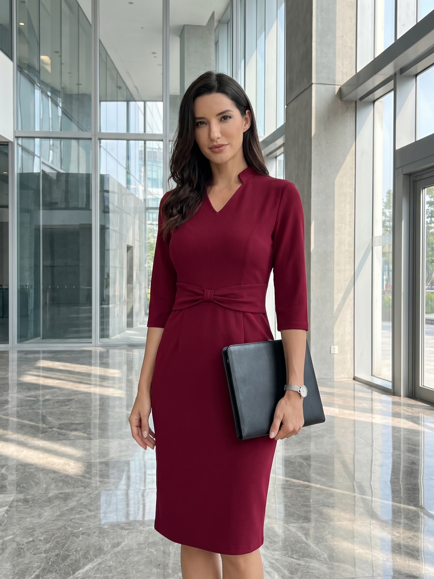 3/4 Sleeve Collared V Neck Business Office Sheath Dress Wine Red/S