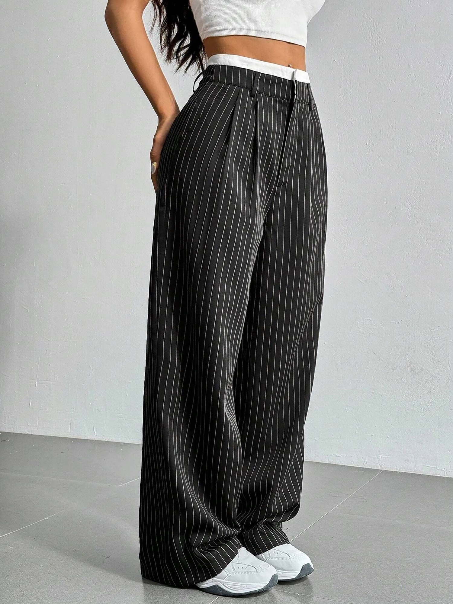 Casual High Waist Striped Wide Legs Trousers Pants Black/XL