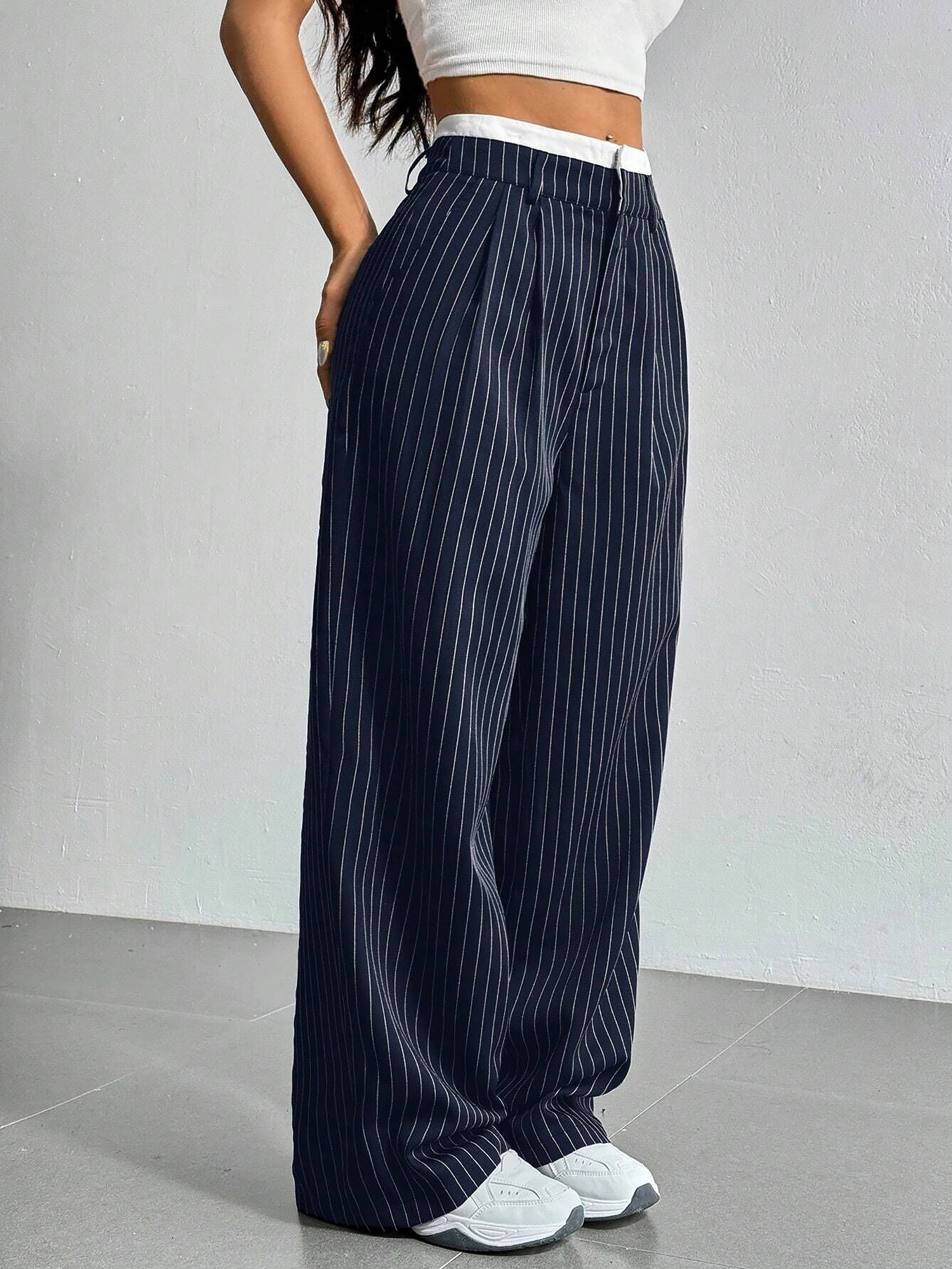 Casual High Waist Striped Wide Legs Trousers Pants Navy/XL