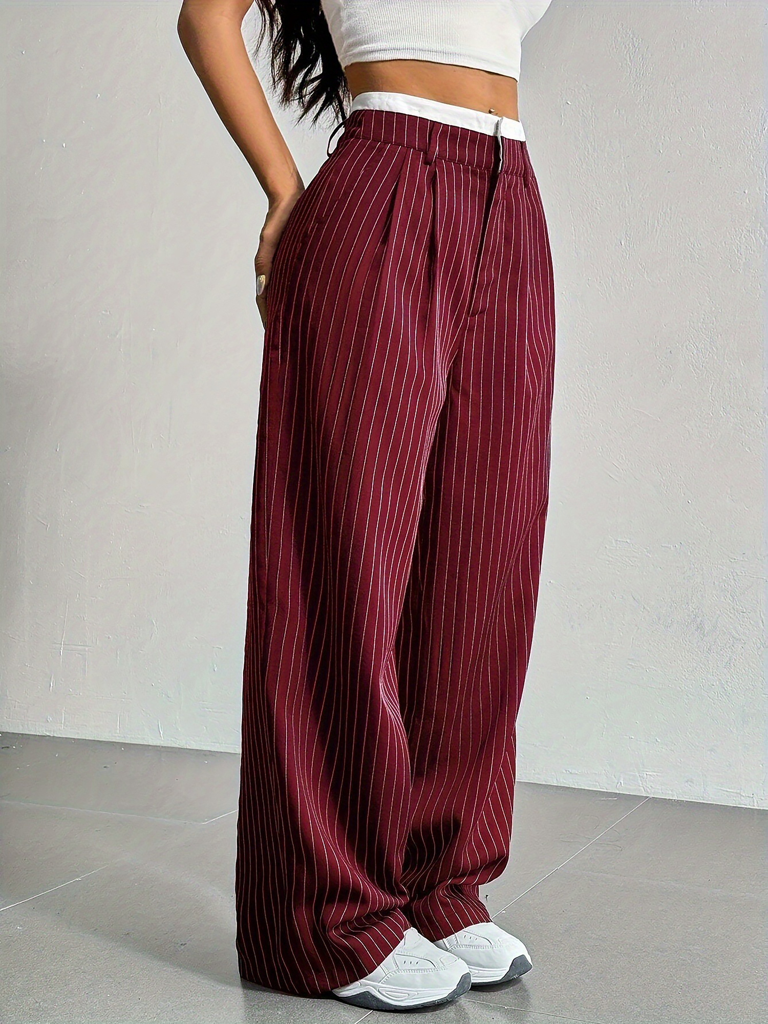 Casual High Waist Striped Wide Legs Trousers Pants Burgundy/L