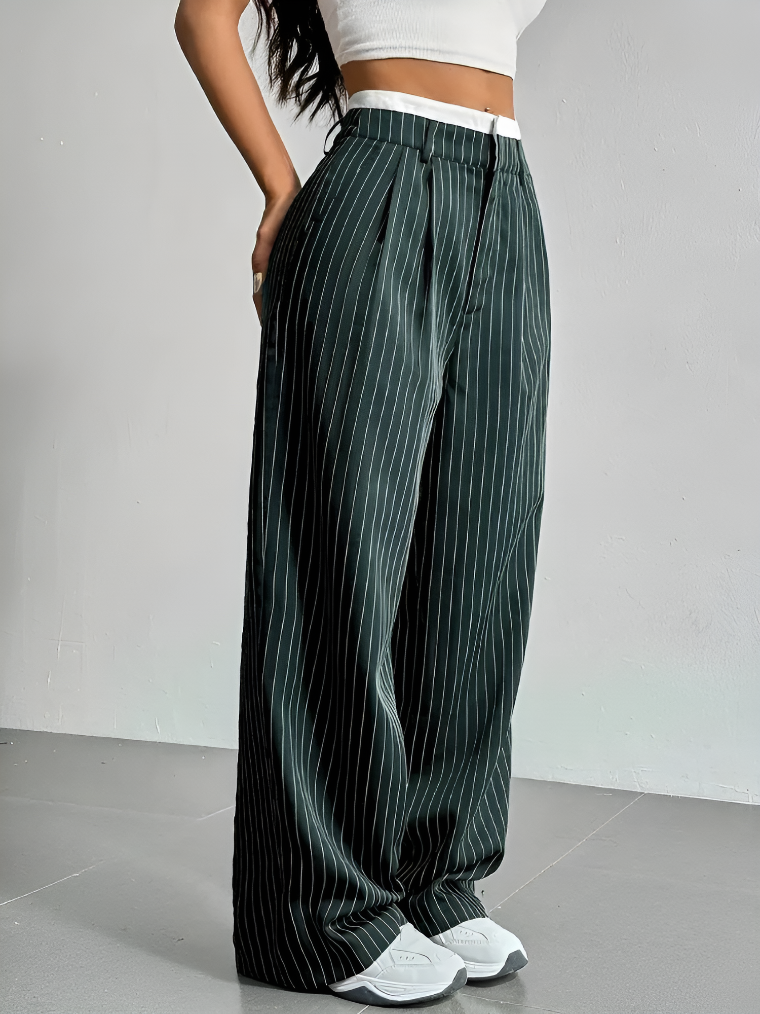 Casual High Waist Striped Wide Legs Trousers Pants Dark Green/M