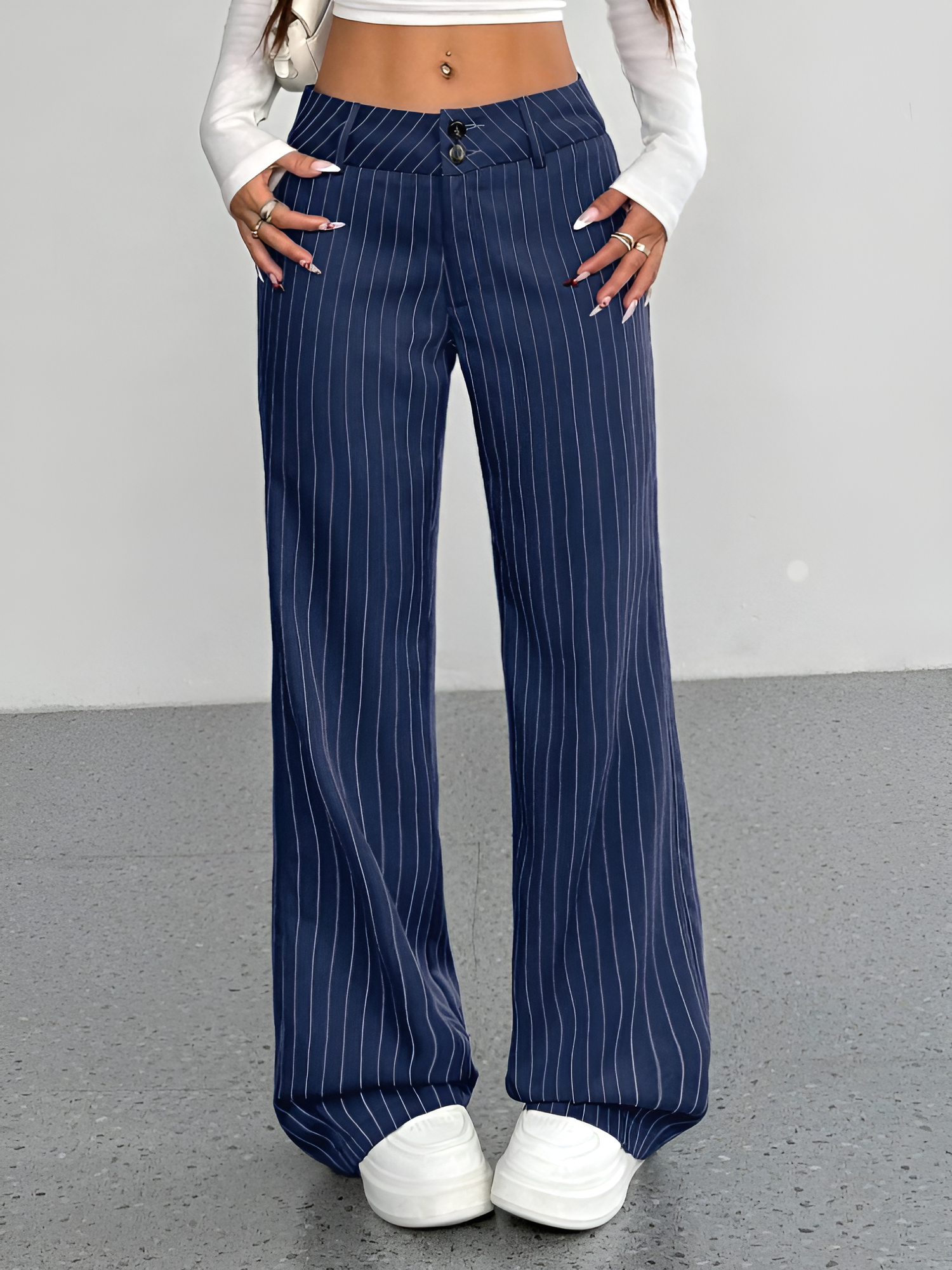 Striped Mid Rise Straight Leg Trousers Pants Navy/L