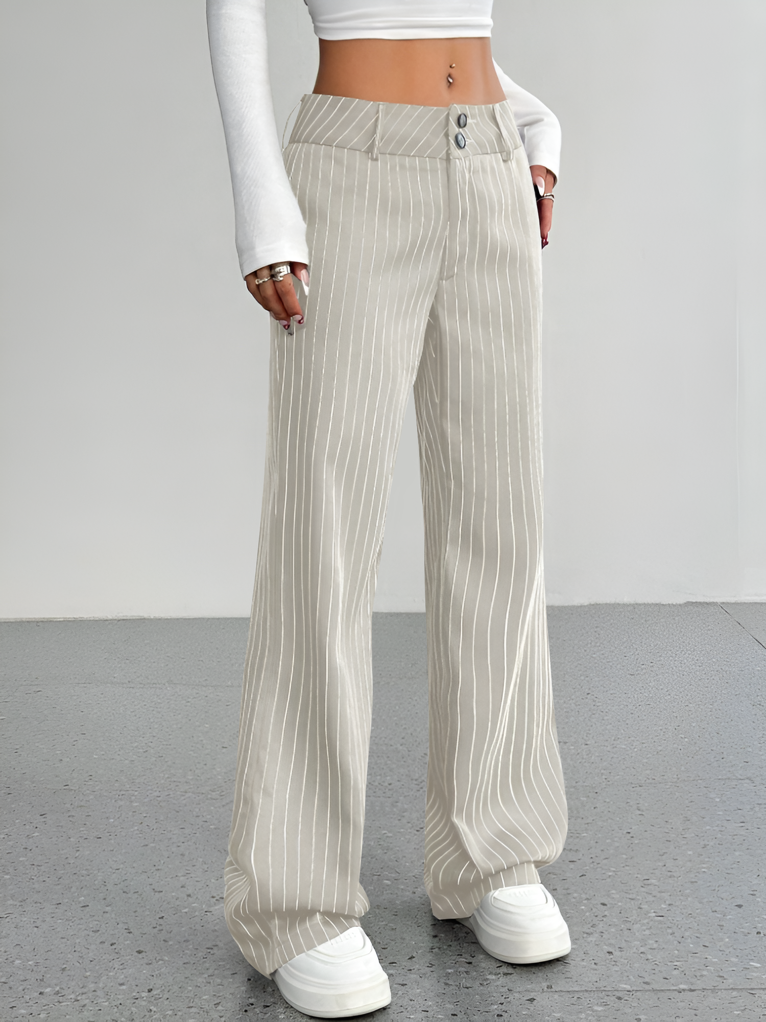 Striped Mid Rise Straight Leg Trousers Pants Beige/XL