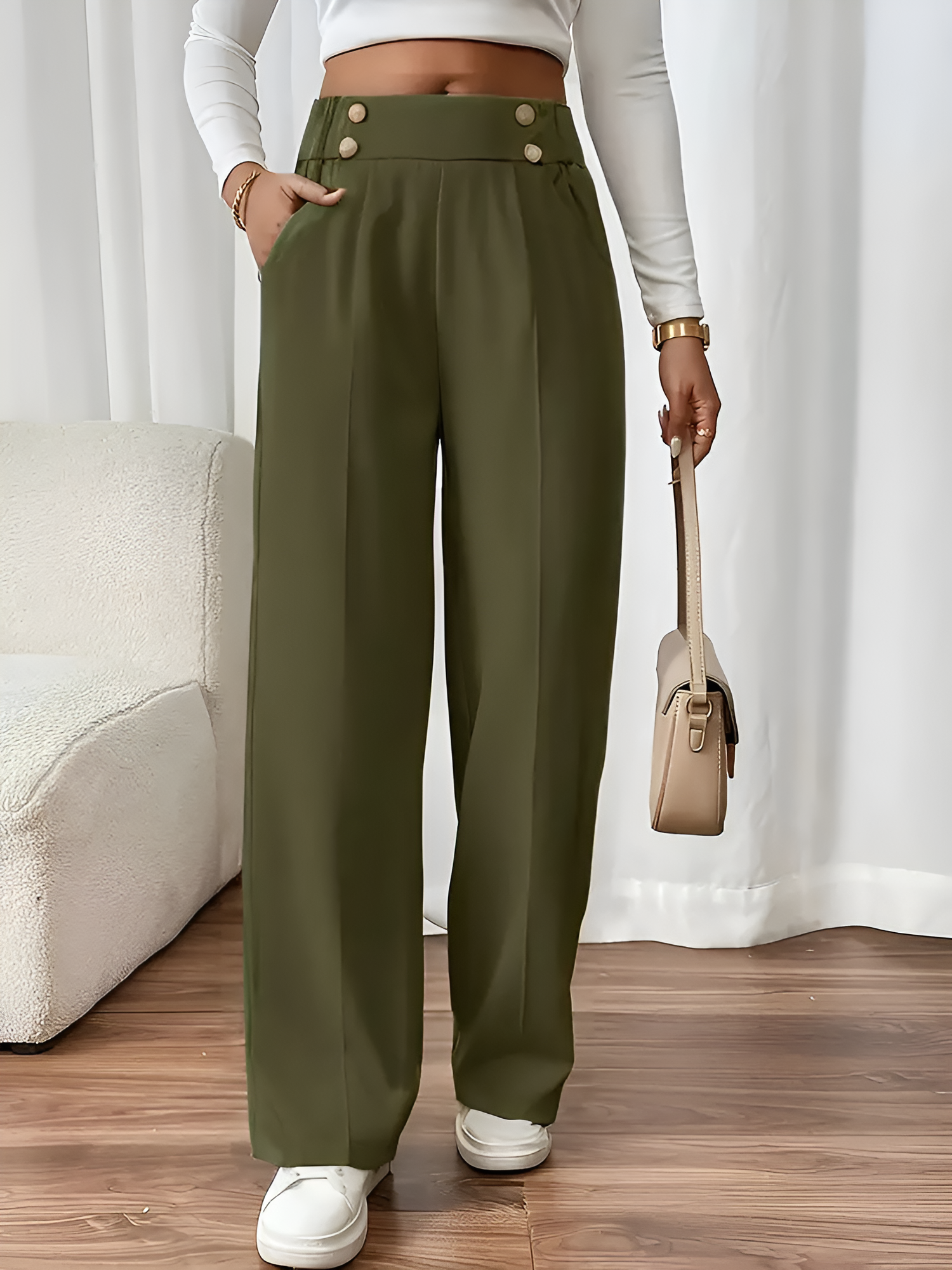Elastic Waist Button Decor Straight Legs Pants Army Green/XL