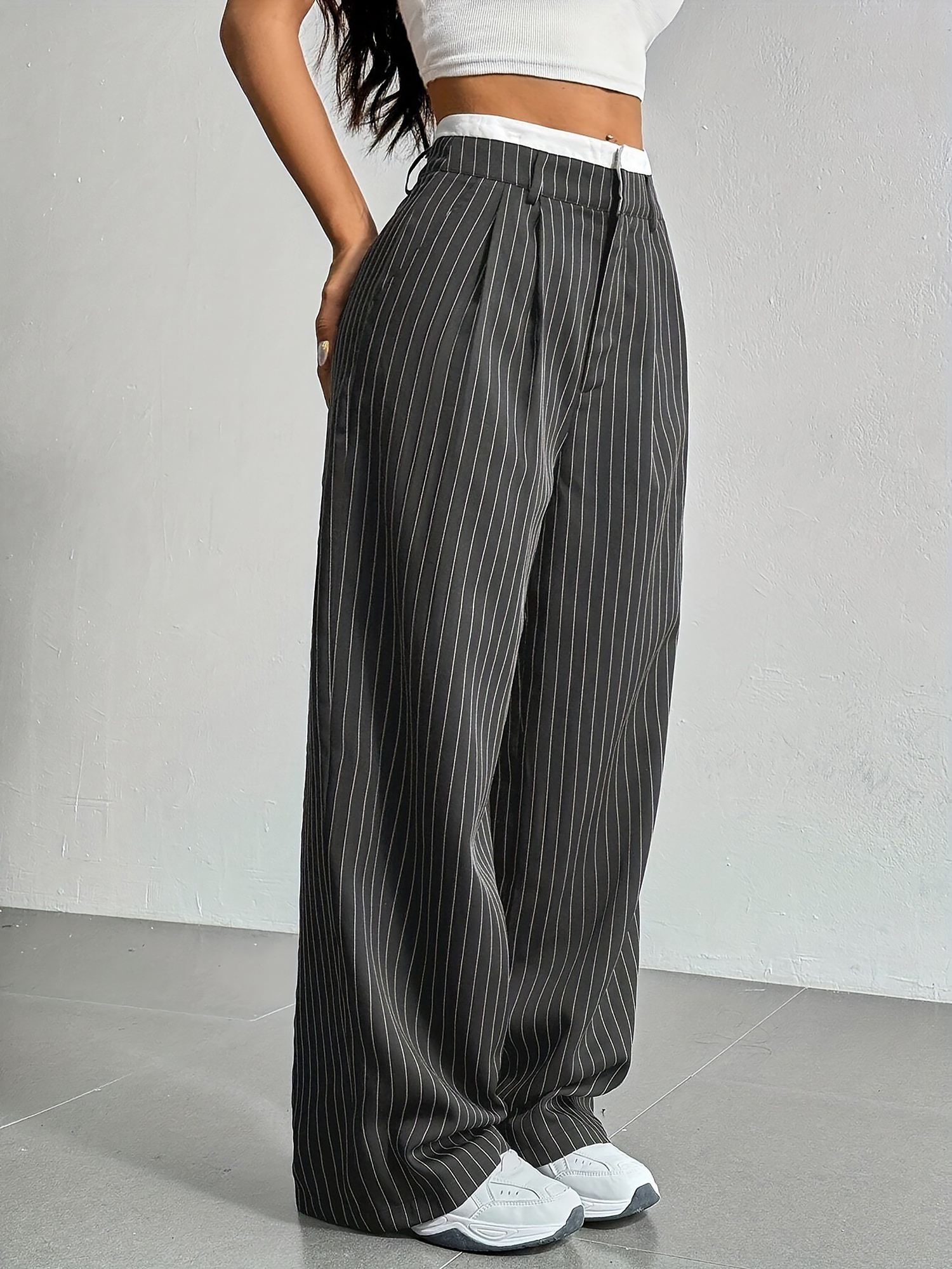 Casual High Waist Striped Wide Legs Trousers Pants Grey/XL