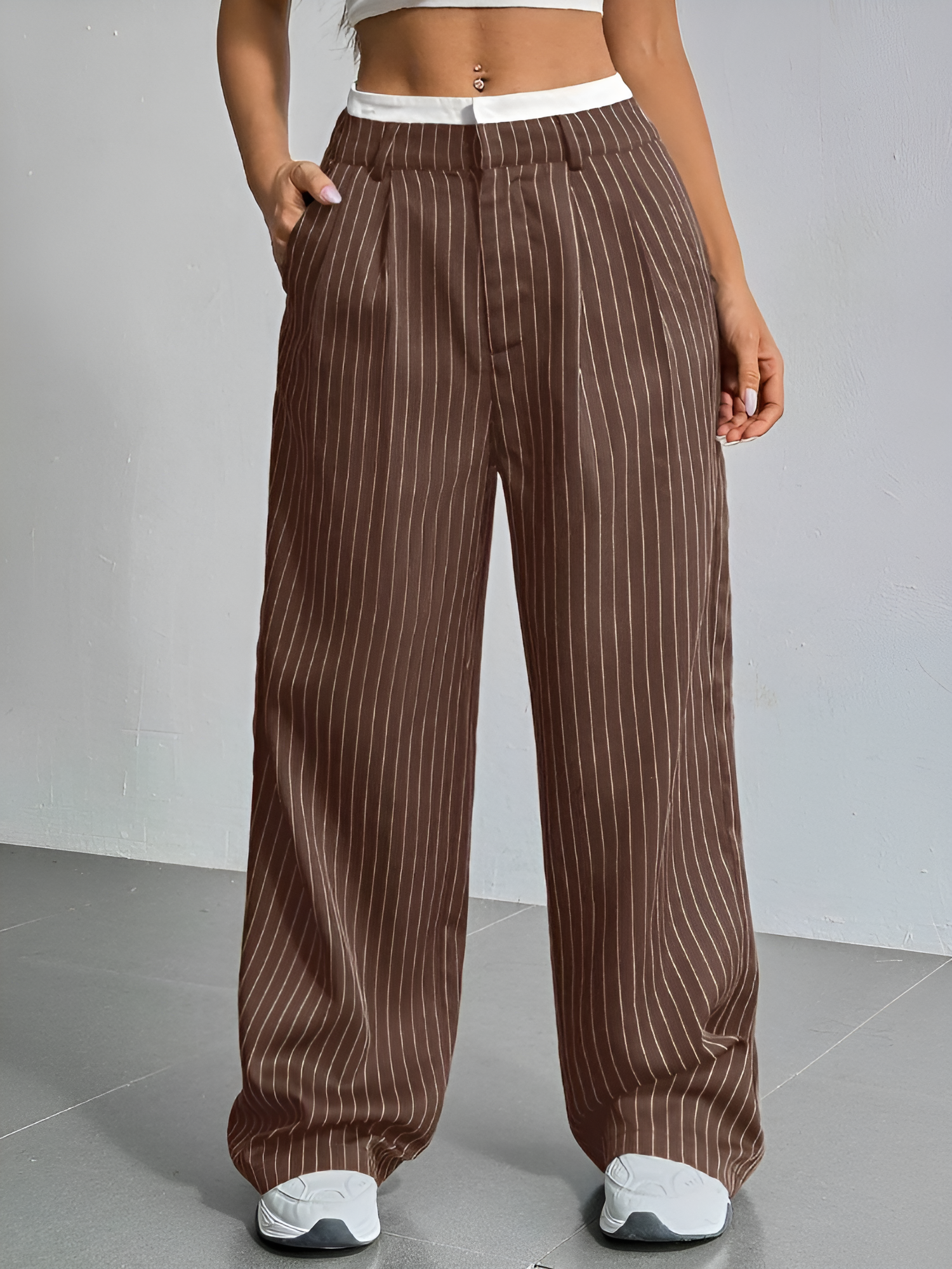 Casual High Waist Striped Wide Legs Trousers Pants Coffee/XL
