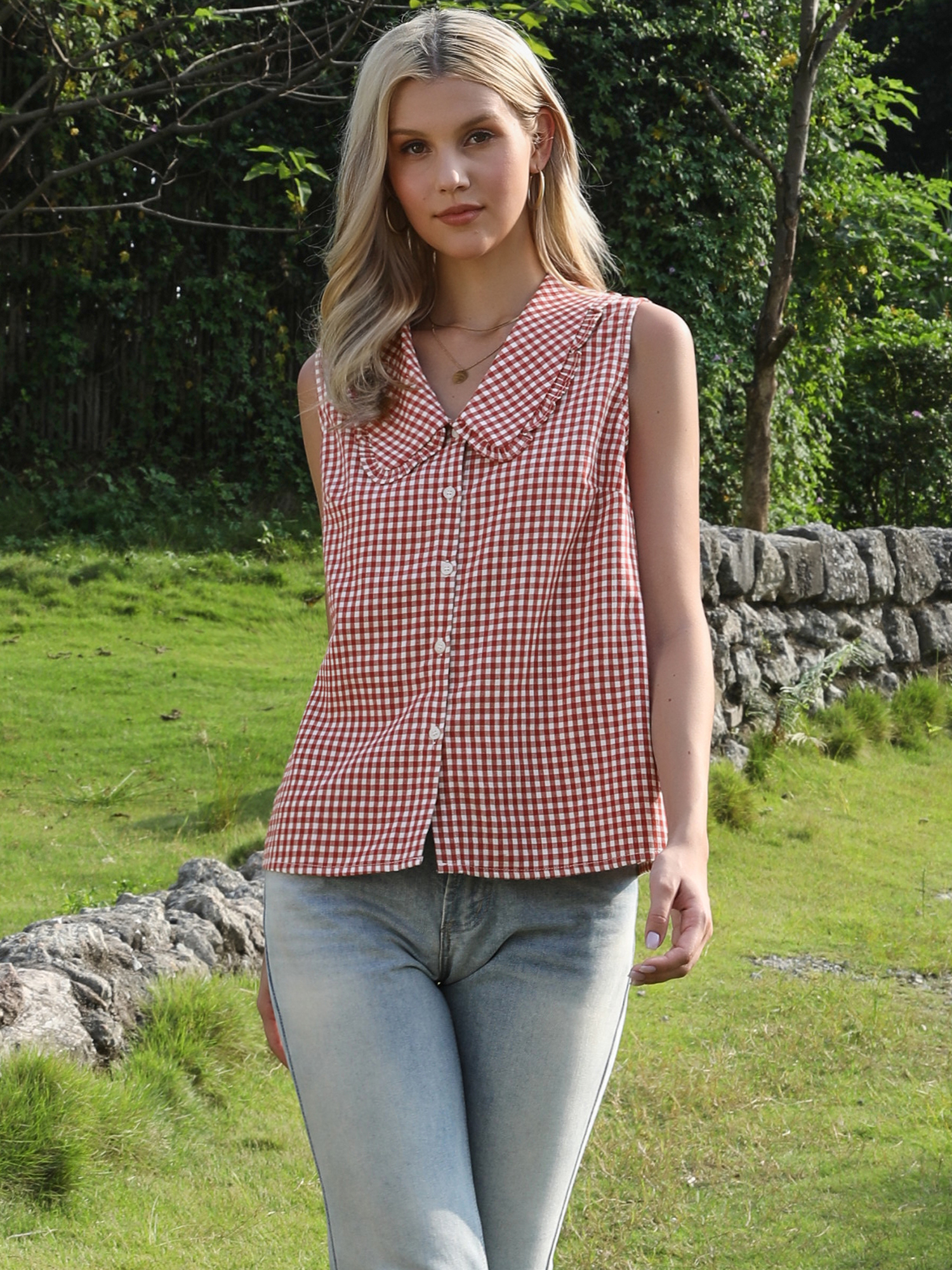Gingham Ruffle Peter Pan Collar Sleeveless Blouse Red/XS