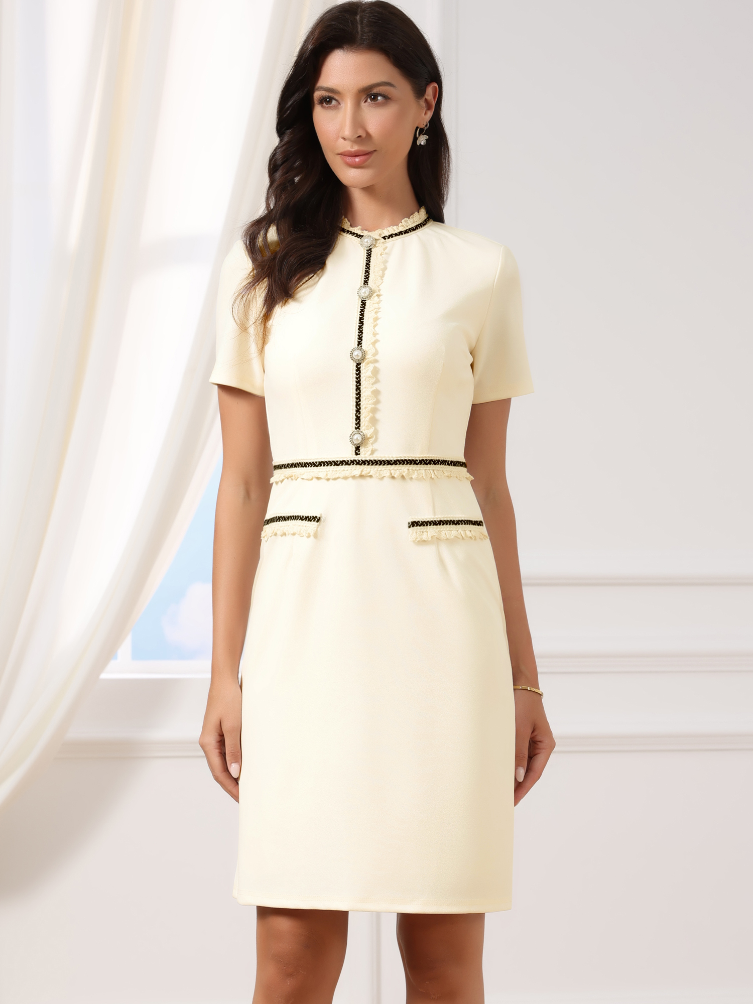 Short Sleeve Crew Neck Pearls Decro Knee Length Dress White/L