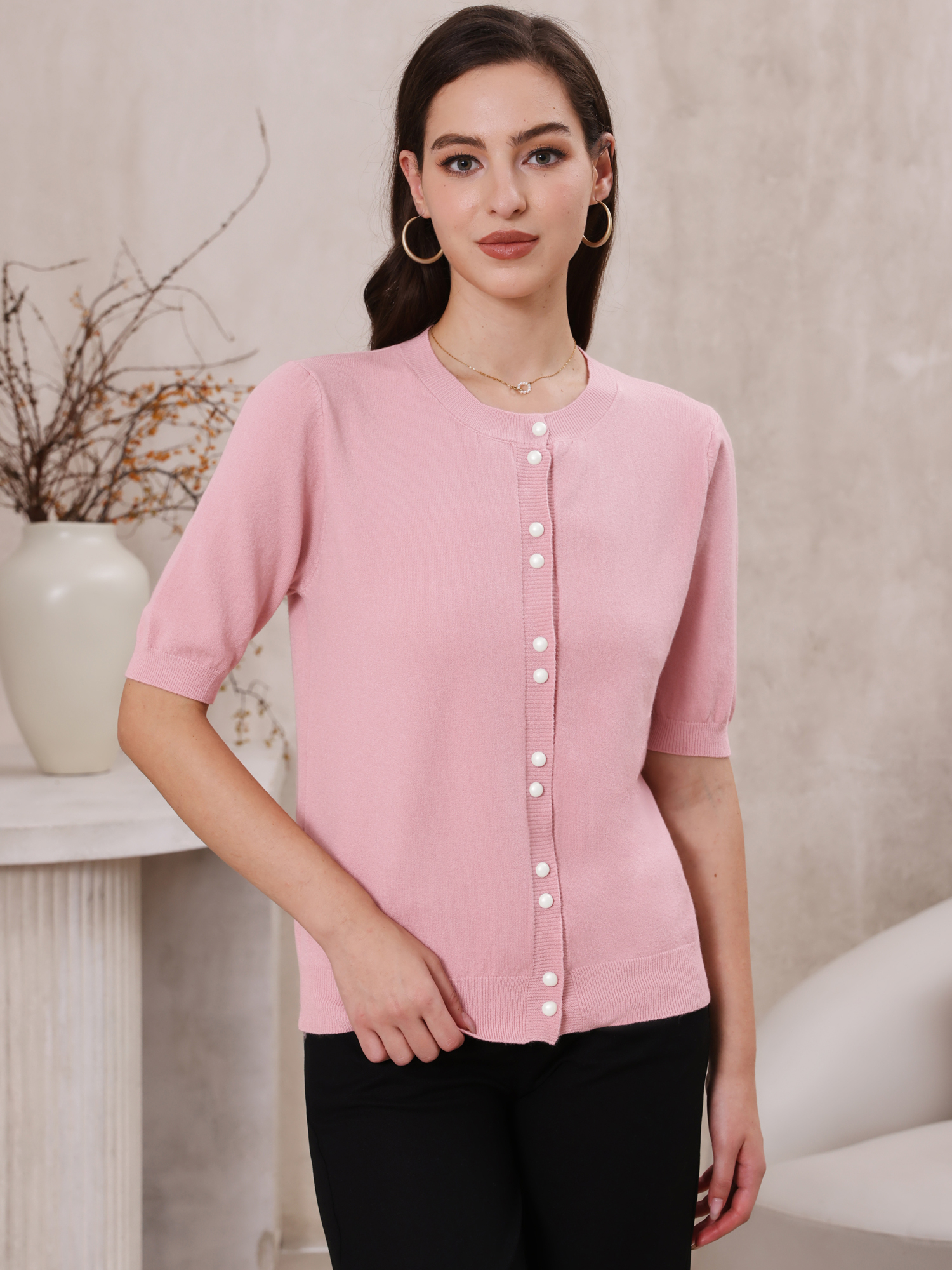 Button Down Knitted Lightweight Crew Neck Puff Short Sleeve Casual Cardigans Pink/S