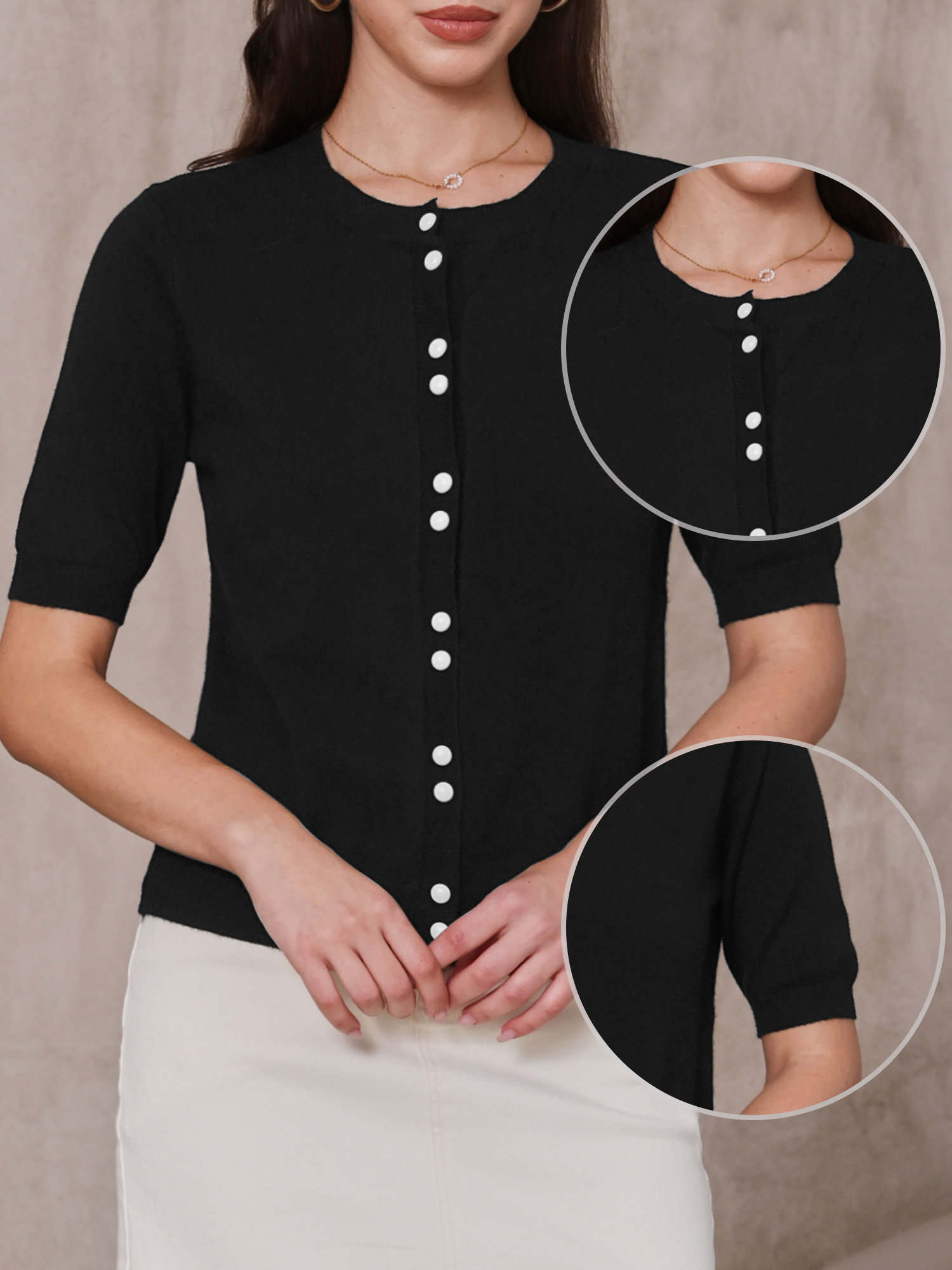 Button Down Knitted Lightweight Crew Neck Puff Short Sleeve Casual Cardigans Black/M