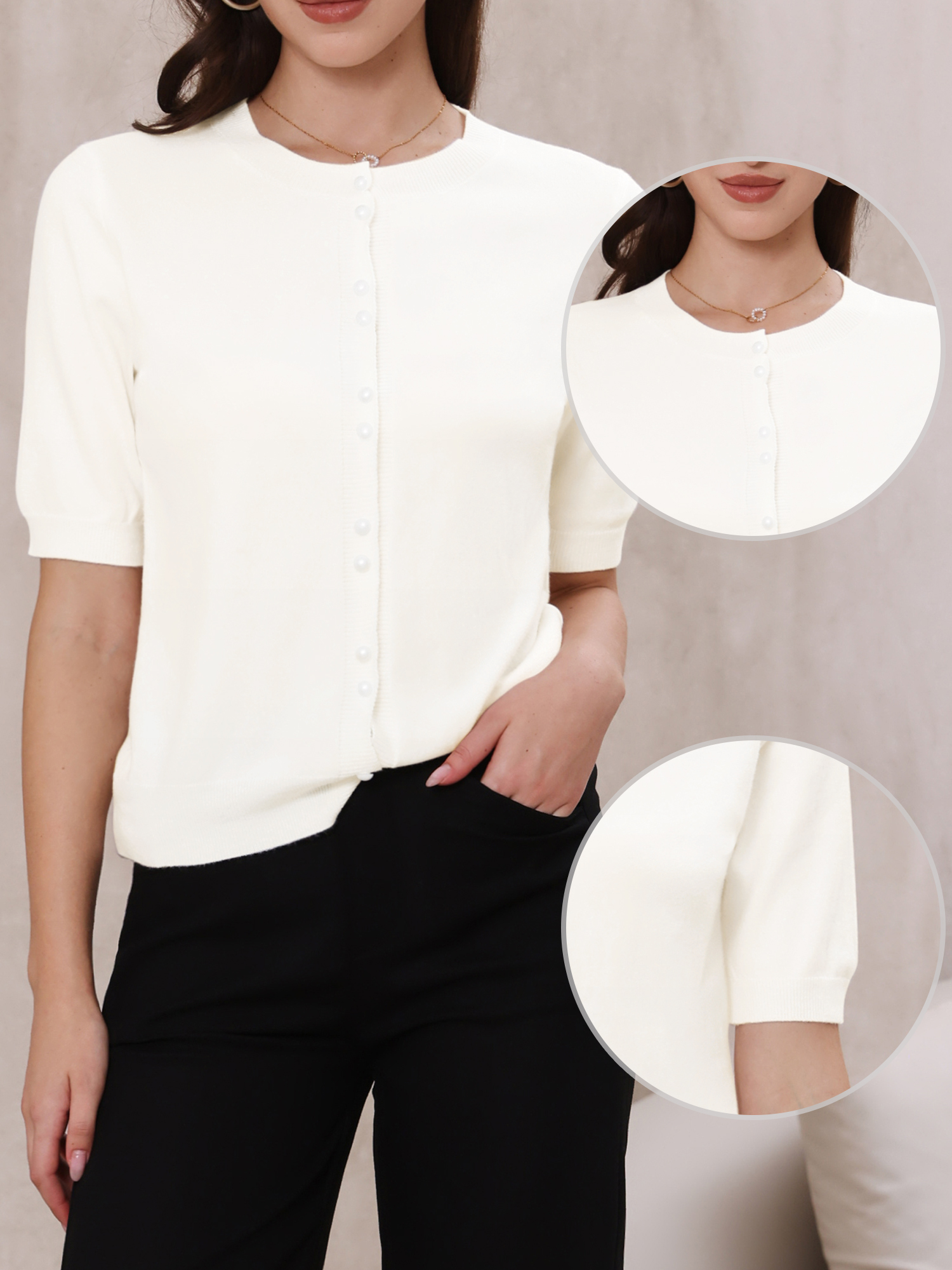 Button Down Knitted Lightweight Crew Neck Puff Short Sleeve Casual Cardigans White/M